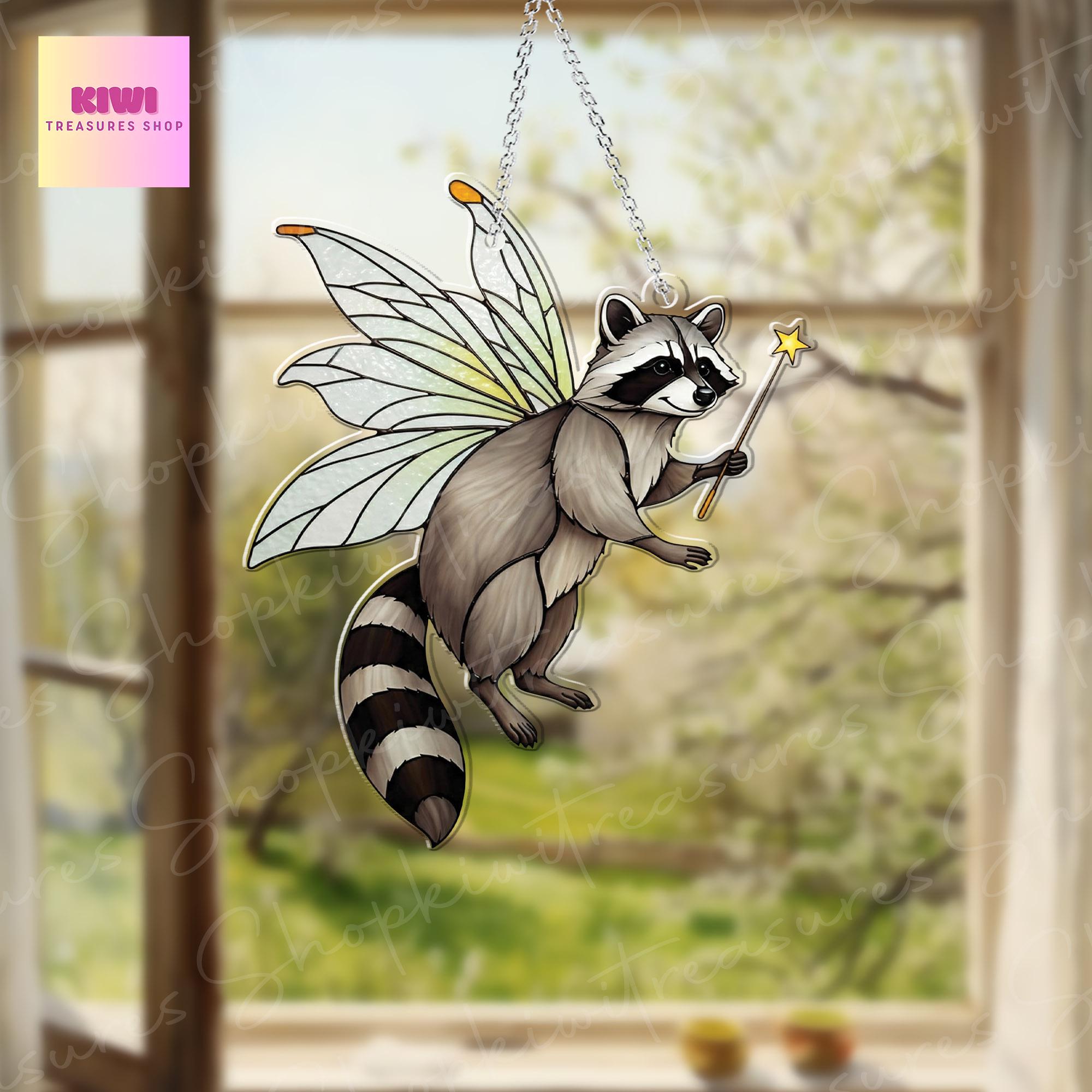 Cute fairy Raccoon Acrylic Window Hanging, Raccoon Window Art, Raccoon Decor, Stay Trashy, Funny raccoon, Trash animal