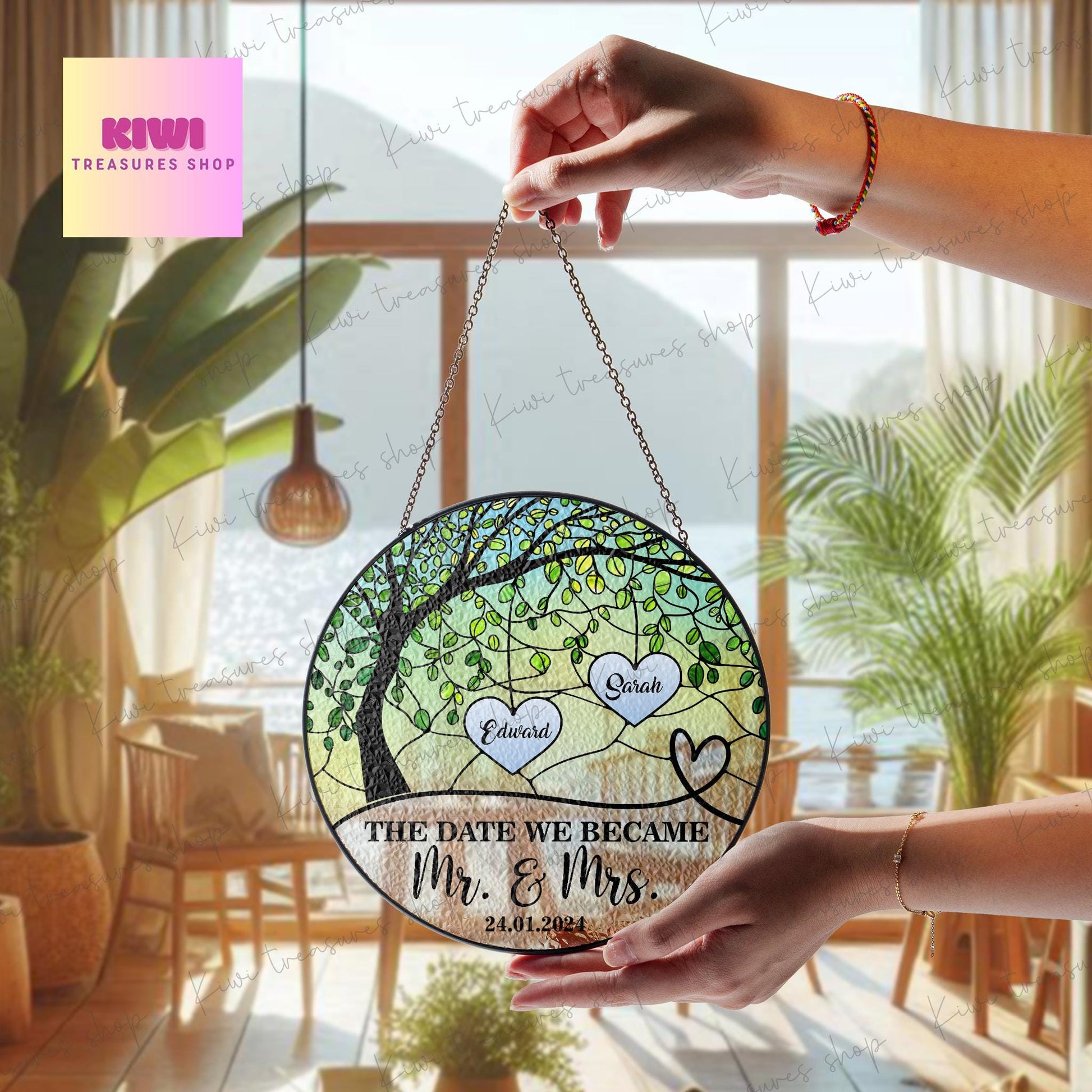 Custom wedding anniversary GLASS Suncatcher Hanging, Anniversary couple suncatcher window decor, Bridal Shower Home Wall gift suncatcher
