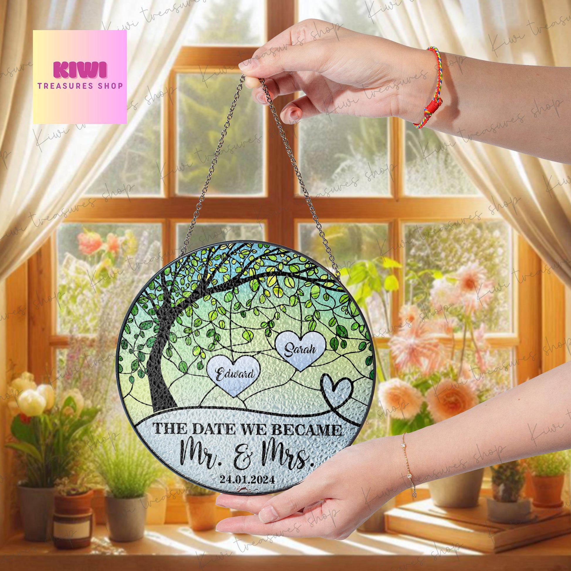 Custom wedding anniversary GLASS Suncatcher Hanging, Anniversary couple suncatcher window decor, Bridal Shower Home Wall gift suncatcher