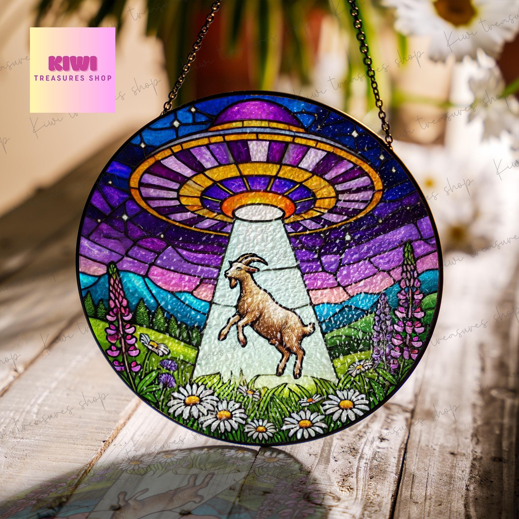 UFO Abduction goat Wildflowers Glass Suncatcher Hanigng, goat Window Hanging, Indoor Decor, wildflower suncatcher