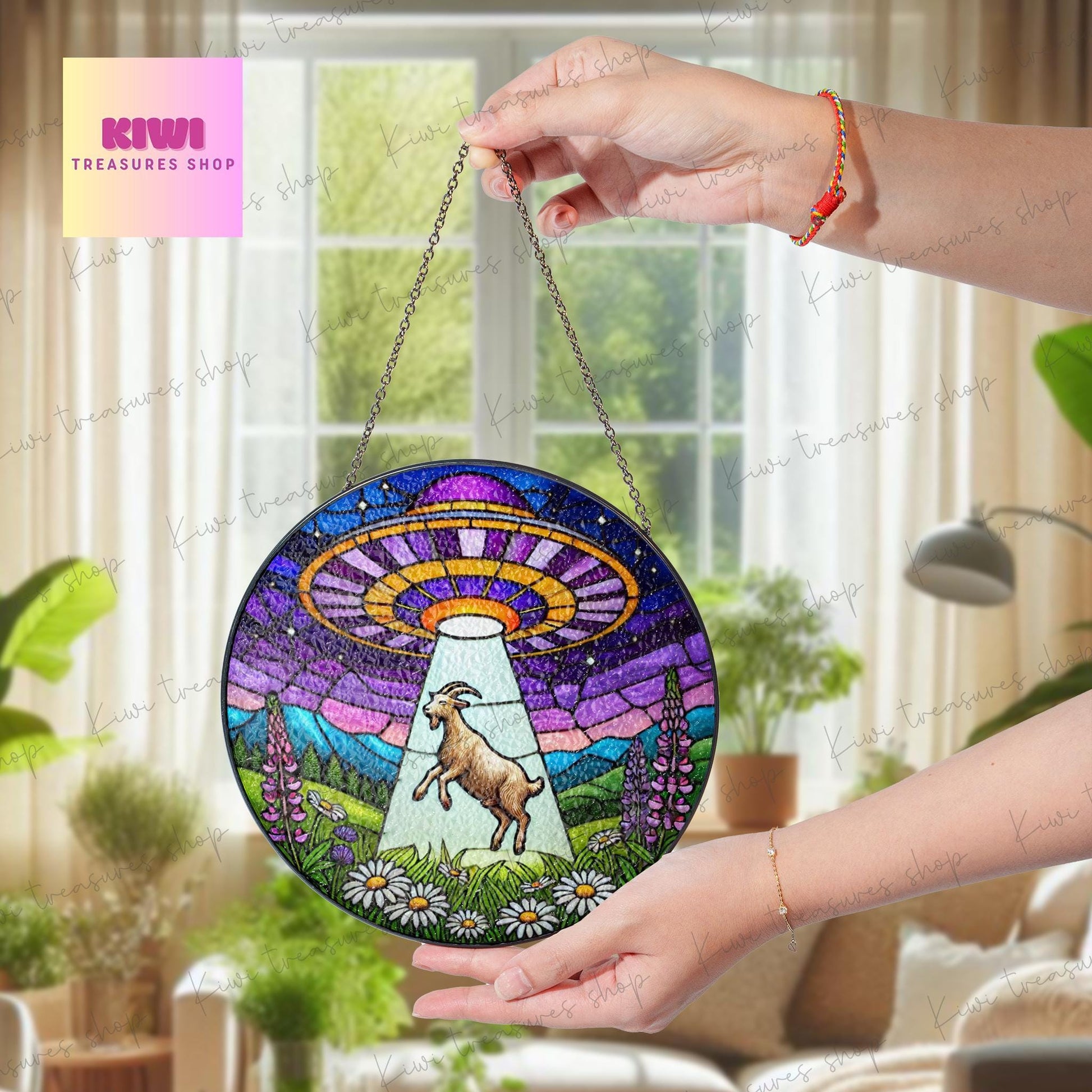 UFO Abduction goat Wildflowers Glass Suncatcher Hanigng, goat Window Hanging, Indoor Decor, wildflower suncatcher