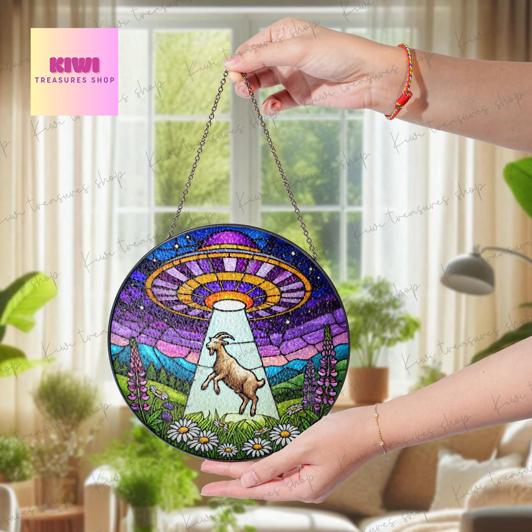 UFO Abduction goat Wildflowers Glass Suncatcher Hanigng, goat Window Hanging, Indoor Decor, wildflower suncatcher