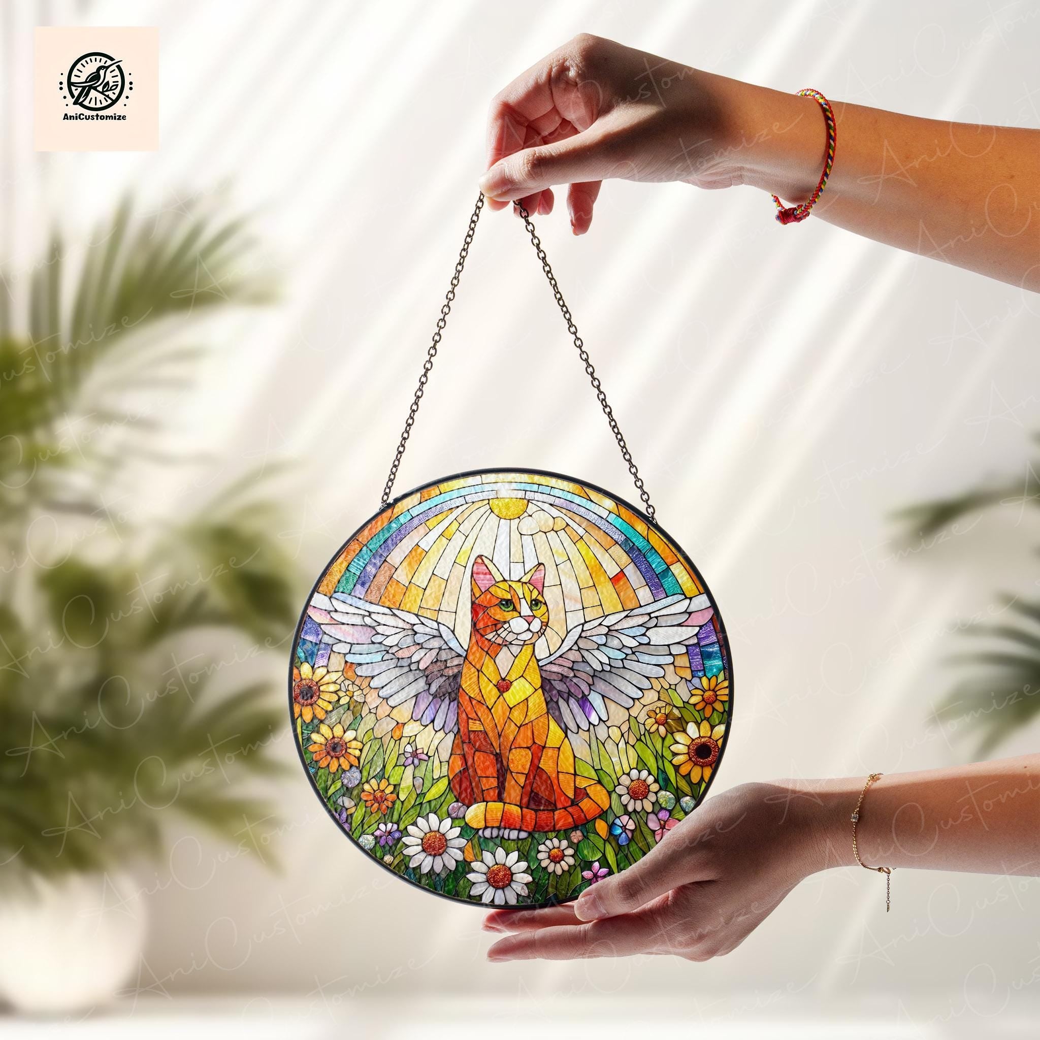 Angel Orange Cat GLASS Decor, Winged Cat Suncatcher, Rainbow Moon Decor, Pet Memorial Gift, Family Room Decoration, Cat Lover Gift Hanging