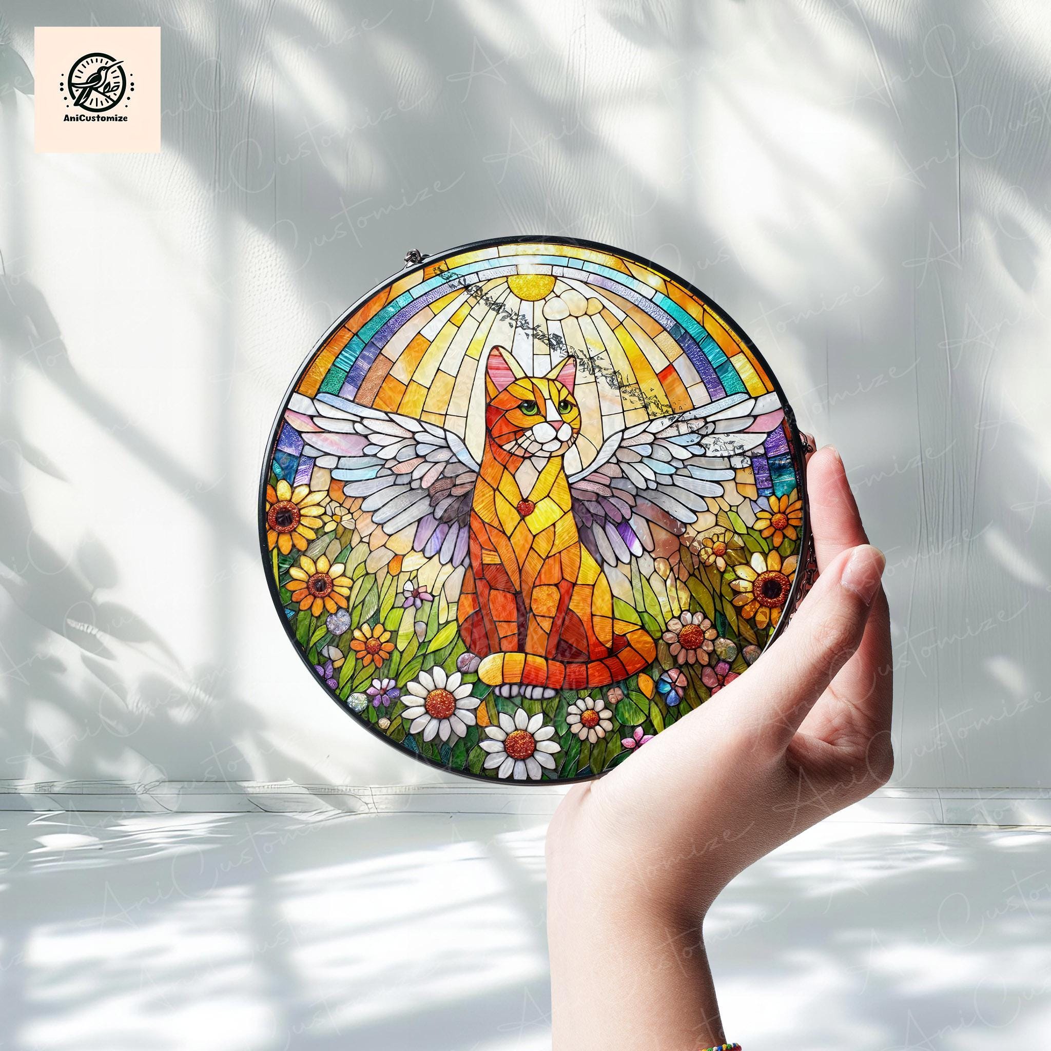 Angel Orange Cat GLASS Decor, Winged Cat Suncatcher, Rainbow Moon Decor, Pet Memorial Gift, Family Room Decoration, Cat Lover Gift Hanging