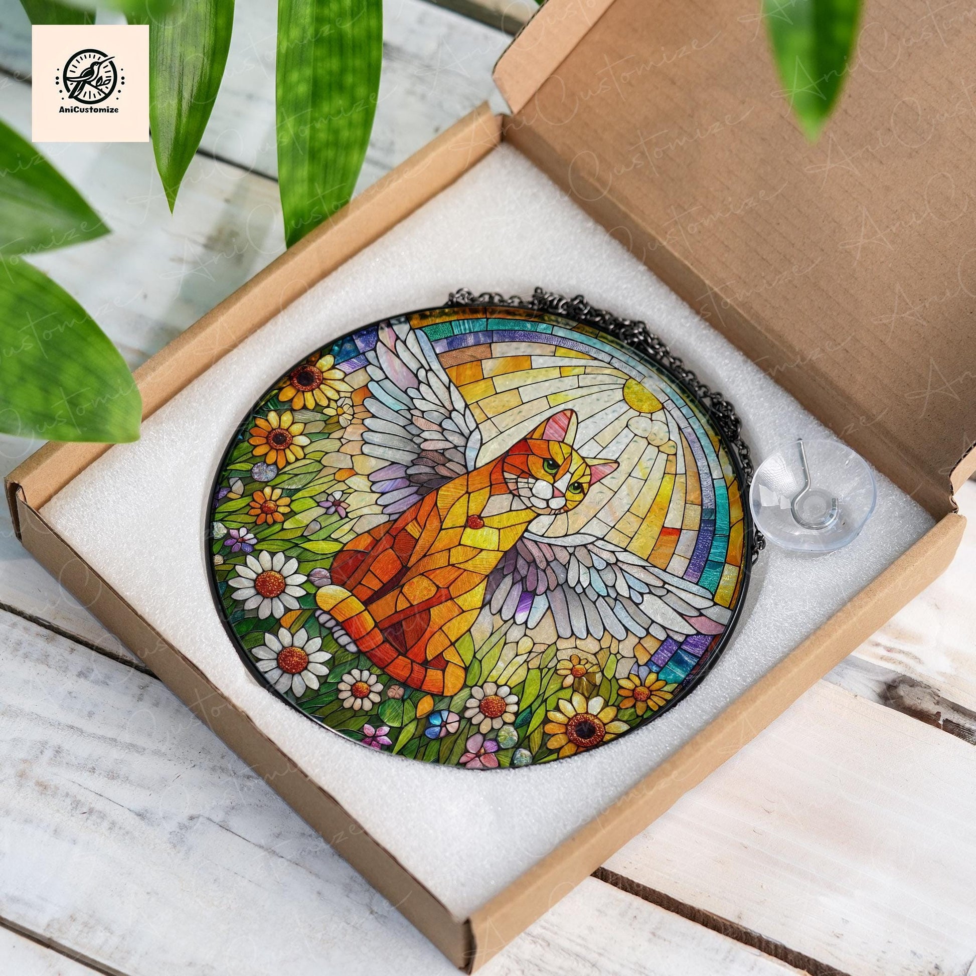 Angel Orange Cat GLASS Decor, Winged Cat Suncatcher, Rainbow Moon Decor, Pet Memorial Gift, Family Room Decoration, Cat Lover Gift Hanging