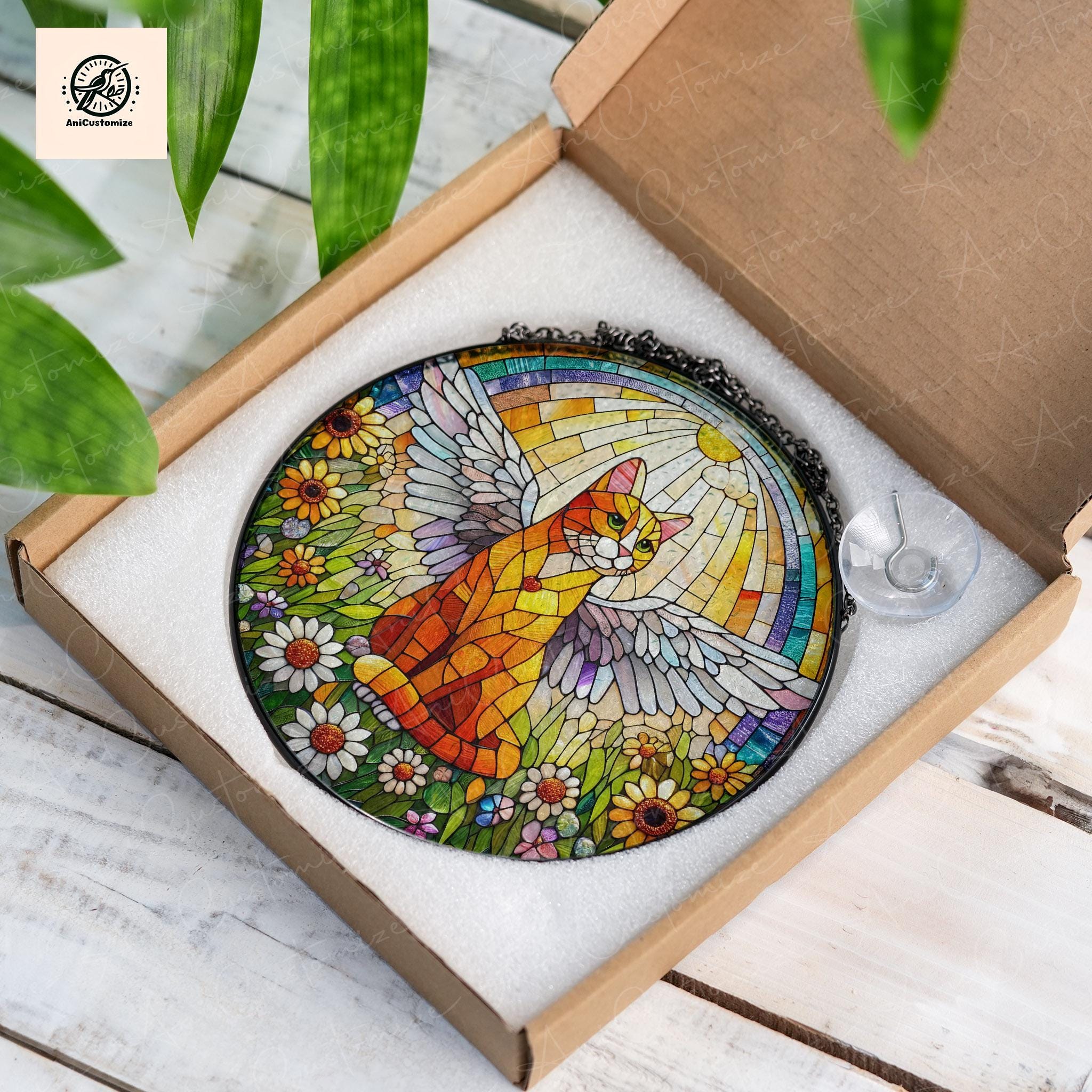 Angel Orange Cat GLASS Decor, Winged Cat Suncatcher, Rainbow Moon Decor, Pet Memorial Gift, Family Room Decoration, Cat Lover Gift Hanging