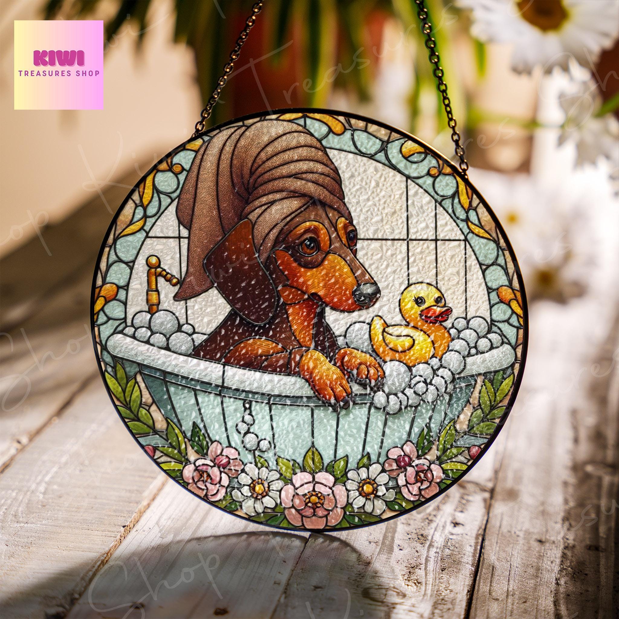 Dachshund in bath tub GLASS Suncatcher Hanging, Funny Otter , dachshund glass ornament, Bathroom decor, Funny Bathroom decor