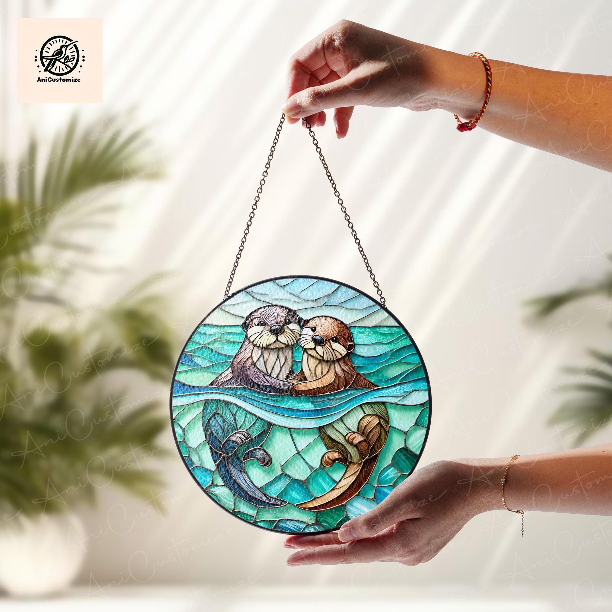 Cute Otter Couple GLASS Suncatcher, Otter Lover Decor, Couple Home Decoration, Valentine Day Decor, Valentine Gift Idea, Otter Gift For Her