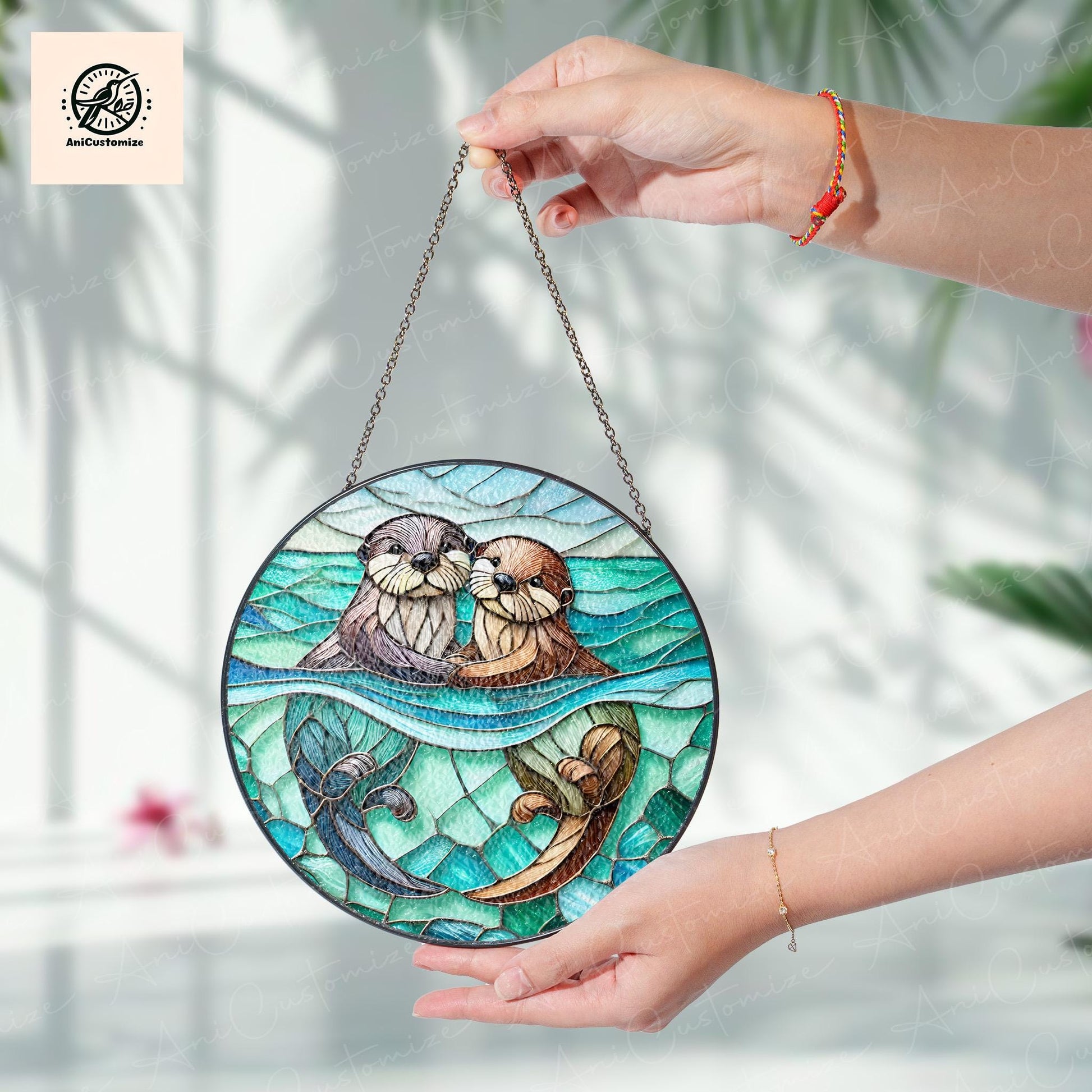 Cute Otter Couple GLASS Suncatcher, Otter Lover Decor, Couple Home Decoration, Valentine Day Decor, Valentine Gift Idea, Otter Gift For Her