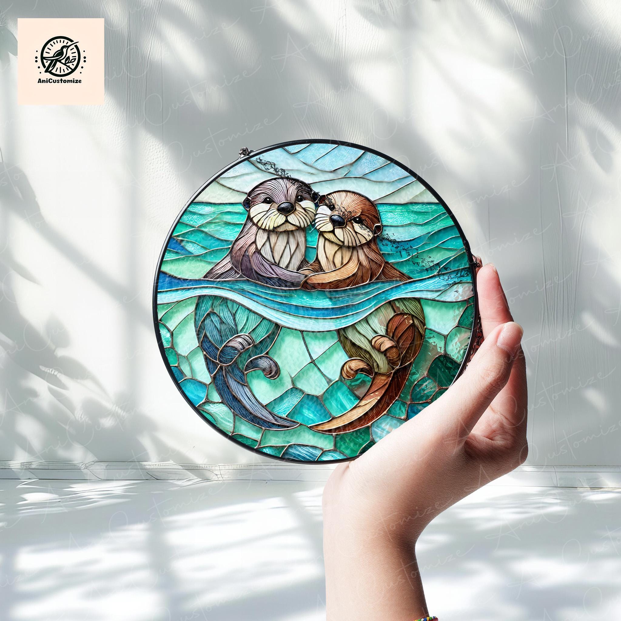Cute Otter Couple GLASS Suncatcher, Otter Lover Decor, Couple Home Decoration, Valentine Day Decor, Valentine Gift Idea, Otter Gift For Her