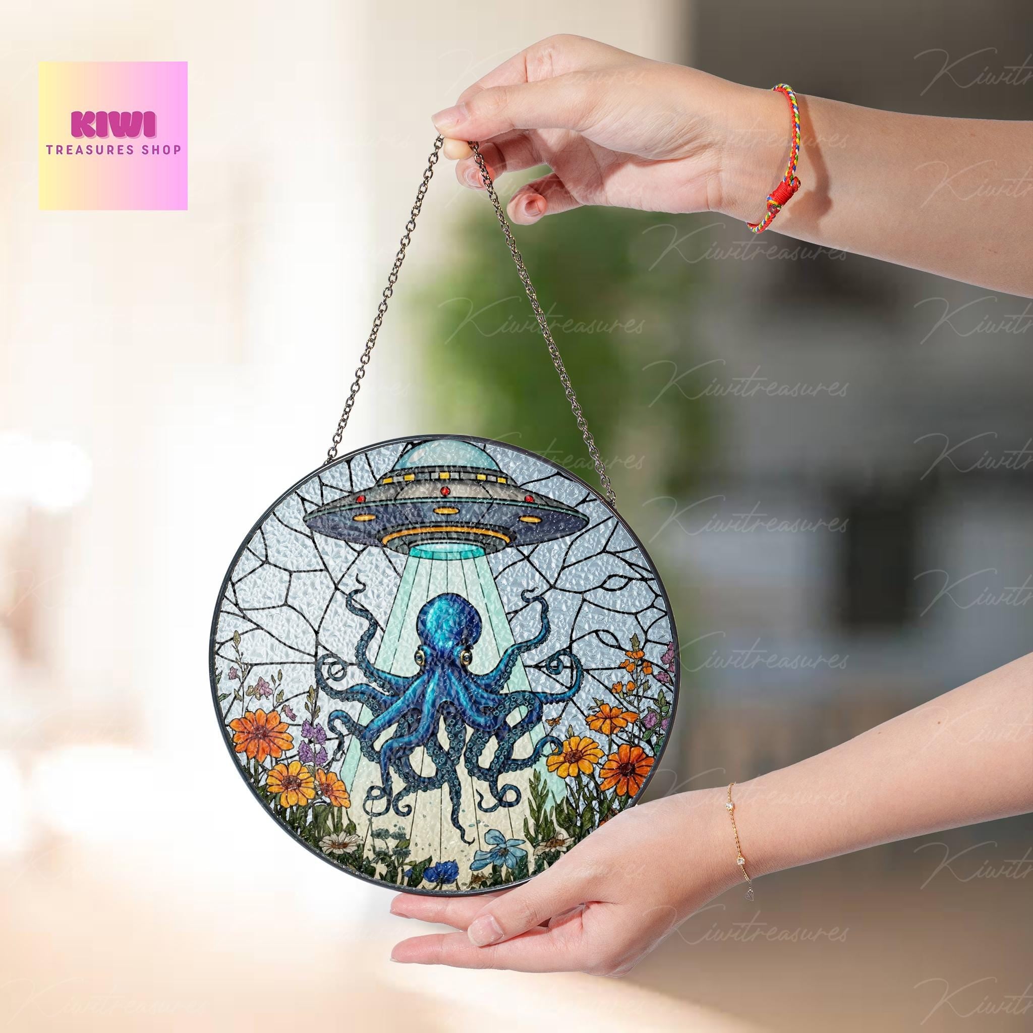 UFO Abduction octopus Glass Hanigng- Funny Gifts for octopus lover, Window Hanging, Indoor Decor, funny octopus glass suncatcher