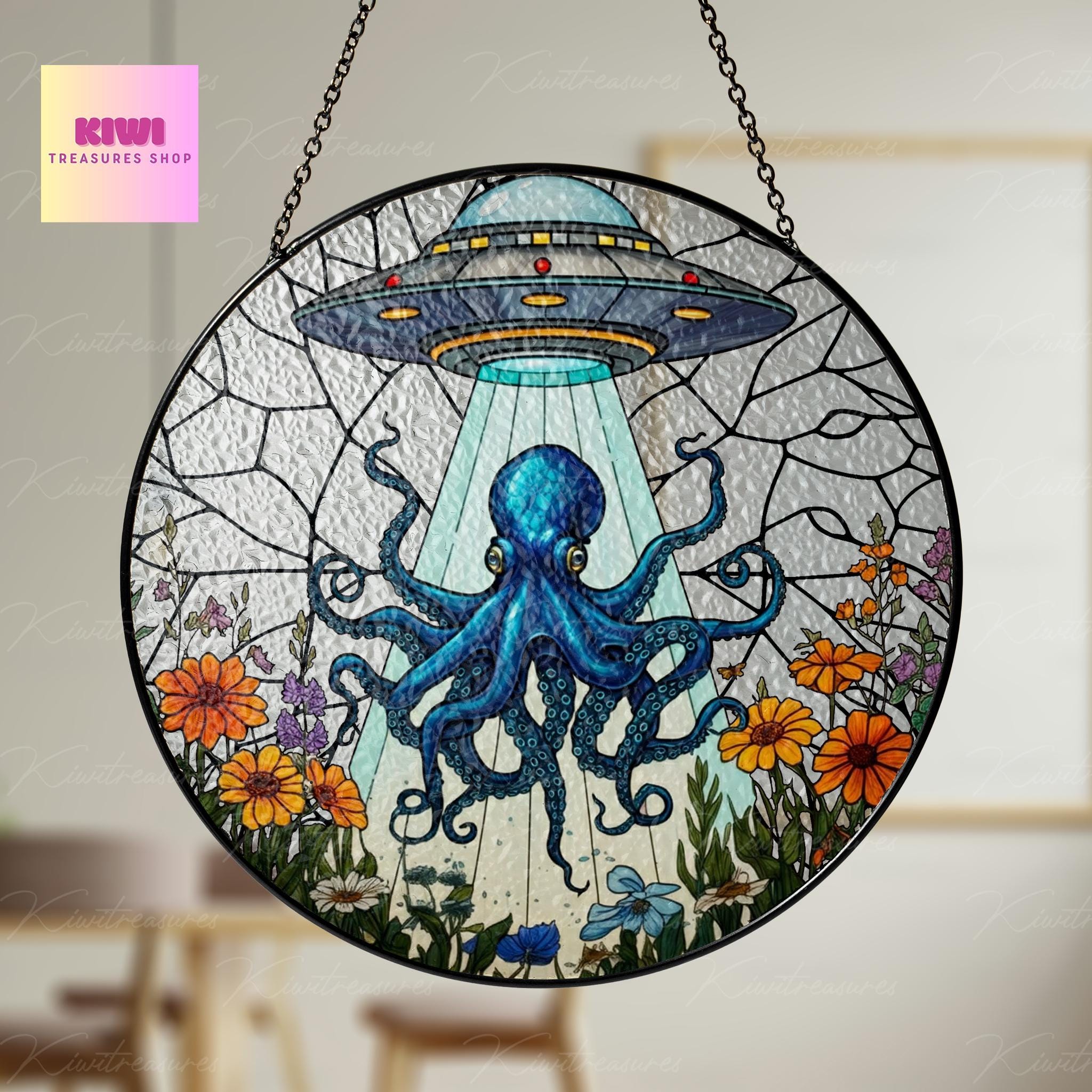UFO Abduction octopus Glass Hanigng- Funny Gifts for octopus lover, Window Hanging, Indoor Decor, funny octopus glass suncatcher