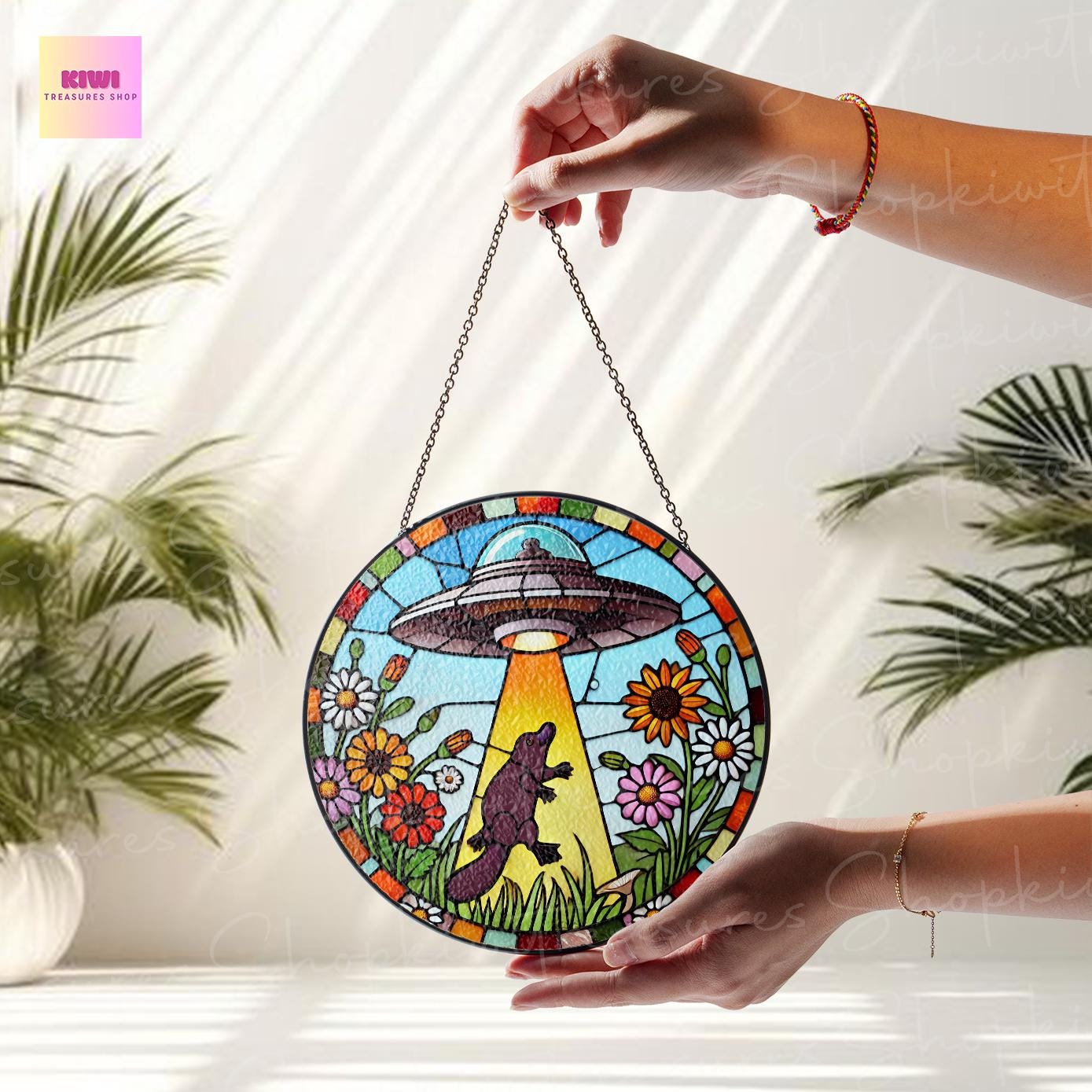 UFO Abduction platypus Wildflowers Glass Hanigng- Funny Gifts for platypus lover, Window Hanging, Indoor Decor, platypus suncatcher,
