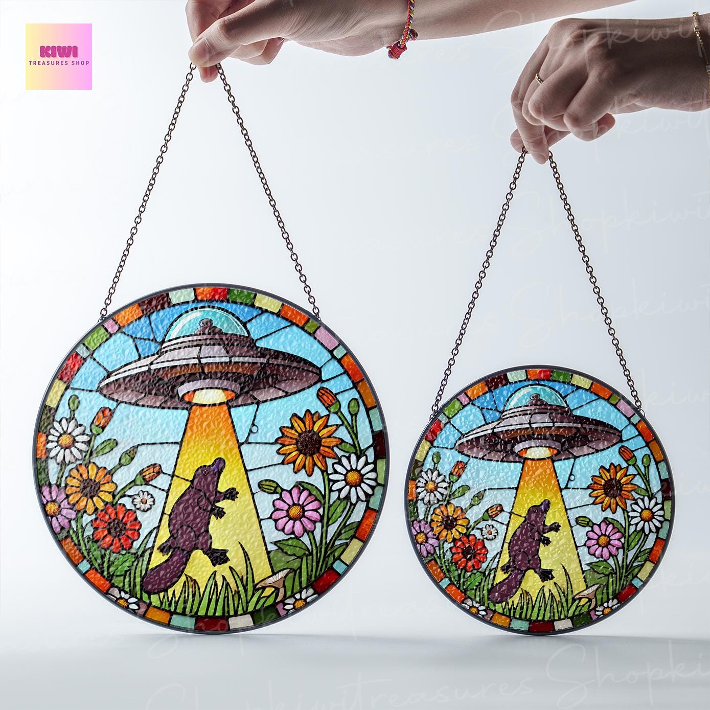 UFO Abduction platypus Wildflowers Glass Hanigng- Funny Gifts for platypus lover, Window Hanging, Indoor Decor, platypus suncatcher,
