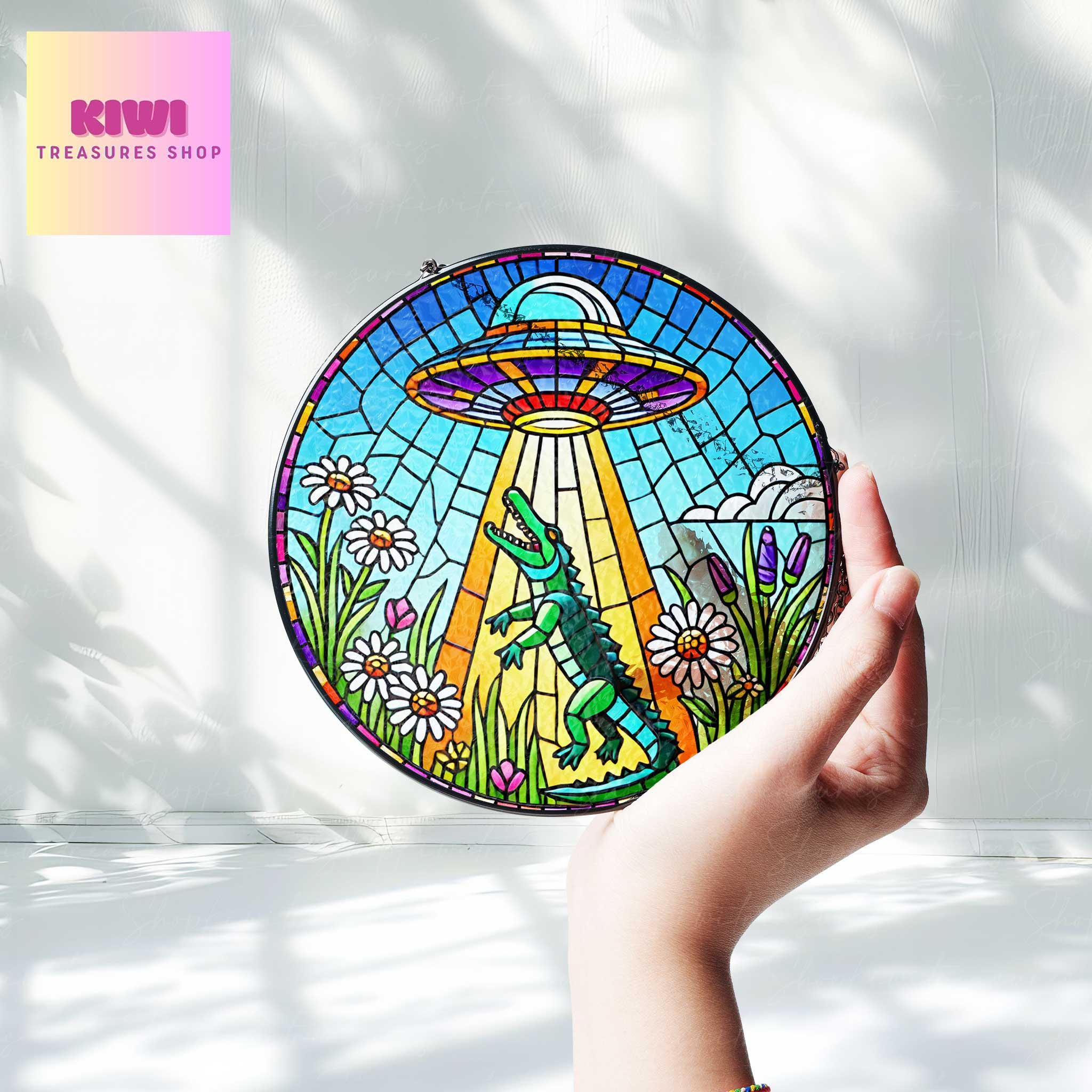 UFO Abduction Alligator Wildflowers Glass Hanigng- Funny Gifts for Alligator  lover, Window Hanging, Indoor Decor, Alligator suncatcher,