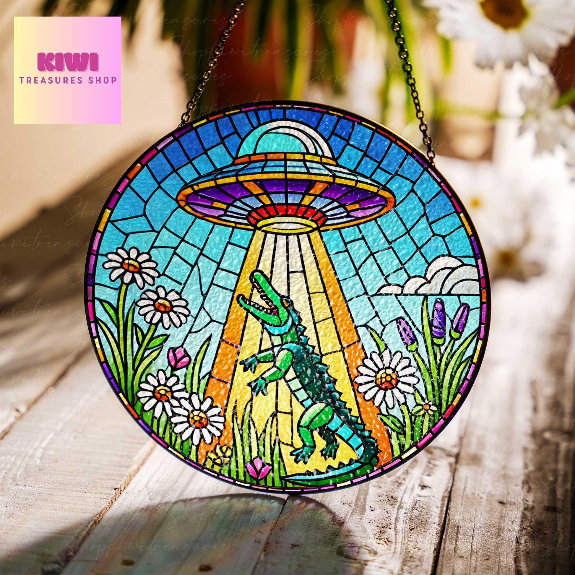 UFO Abduction Alligator Wildflowers Glass Hanigng- Funny Gifts for Alligator  lover, Window Hanging, Indoor Decor, Alligator suncatcher,