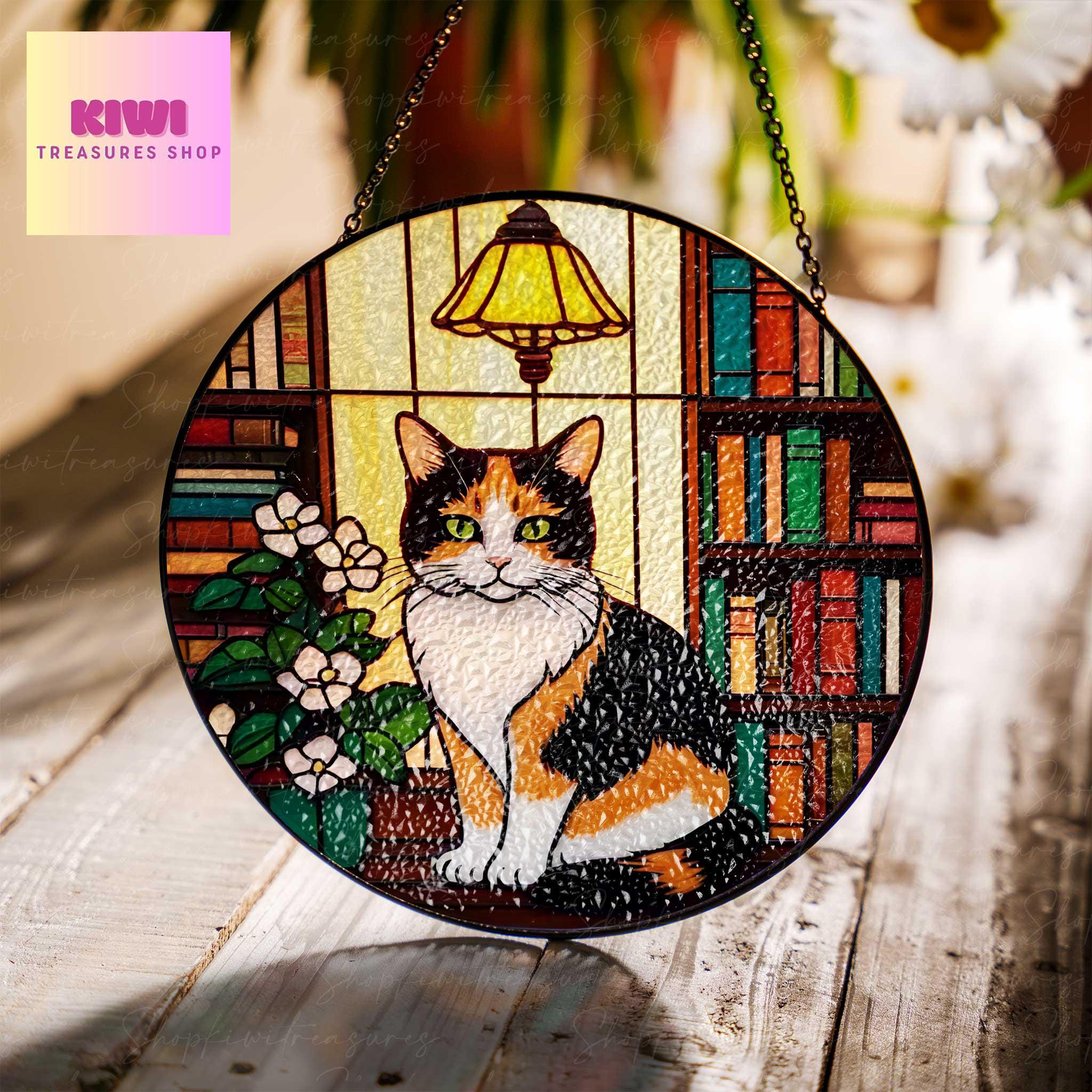 Calico Cat Sitting On Bookshelf GLASS Suncatcher Hanging, Book Window Decor, Book Lover Gift, Book FAUX Stain Glass, Librarian Gift