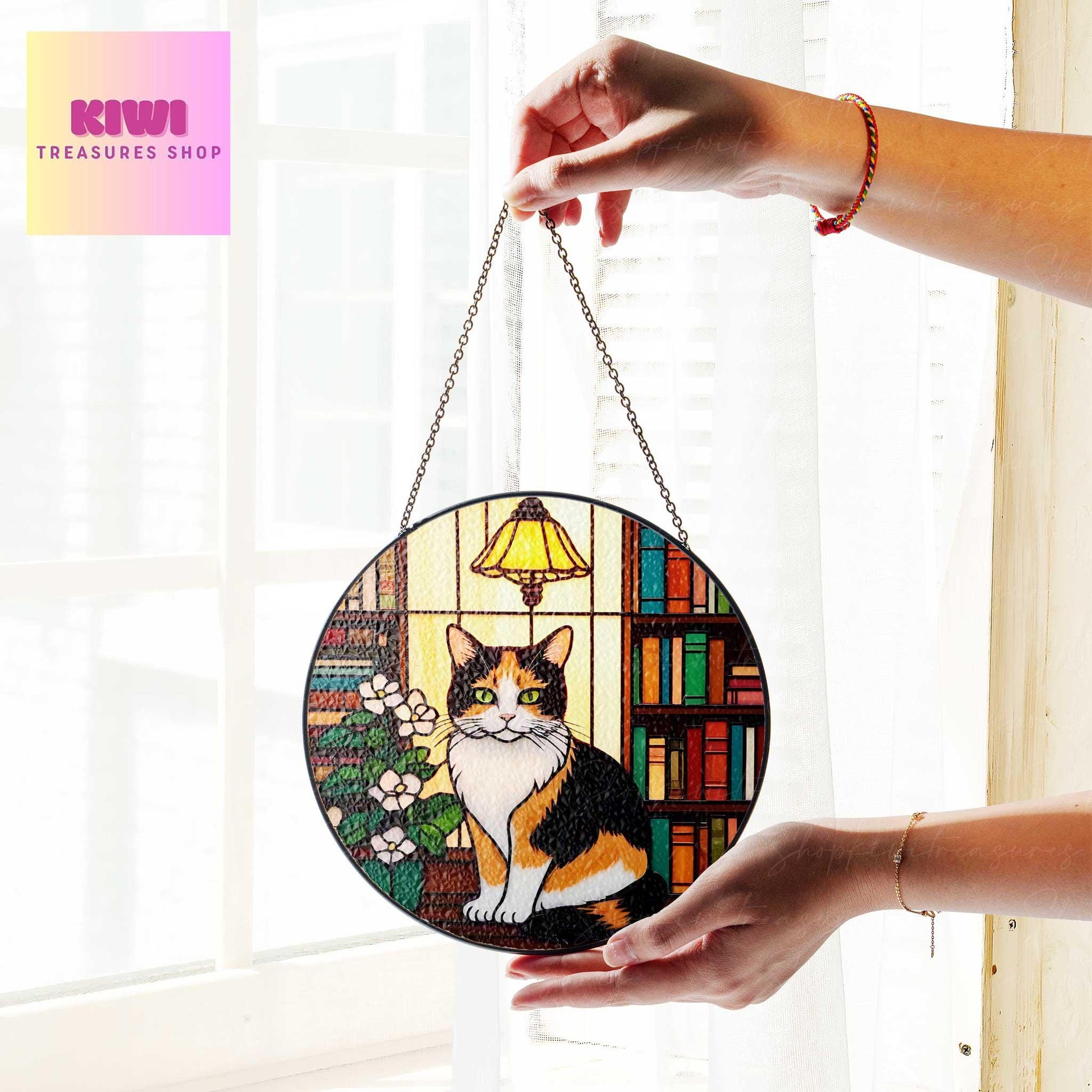 Calico Cat Sitting On Bookshelf GLASS Suncatcher Hanging, Book Window Decor, Book Lover Gift, Book FAUX Stain Glass, Librarian Gift