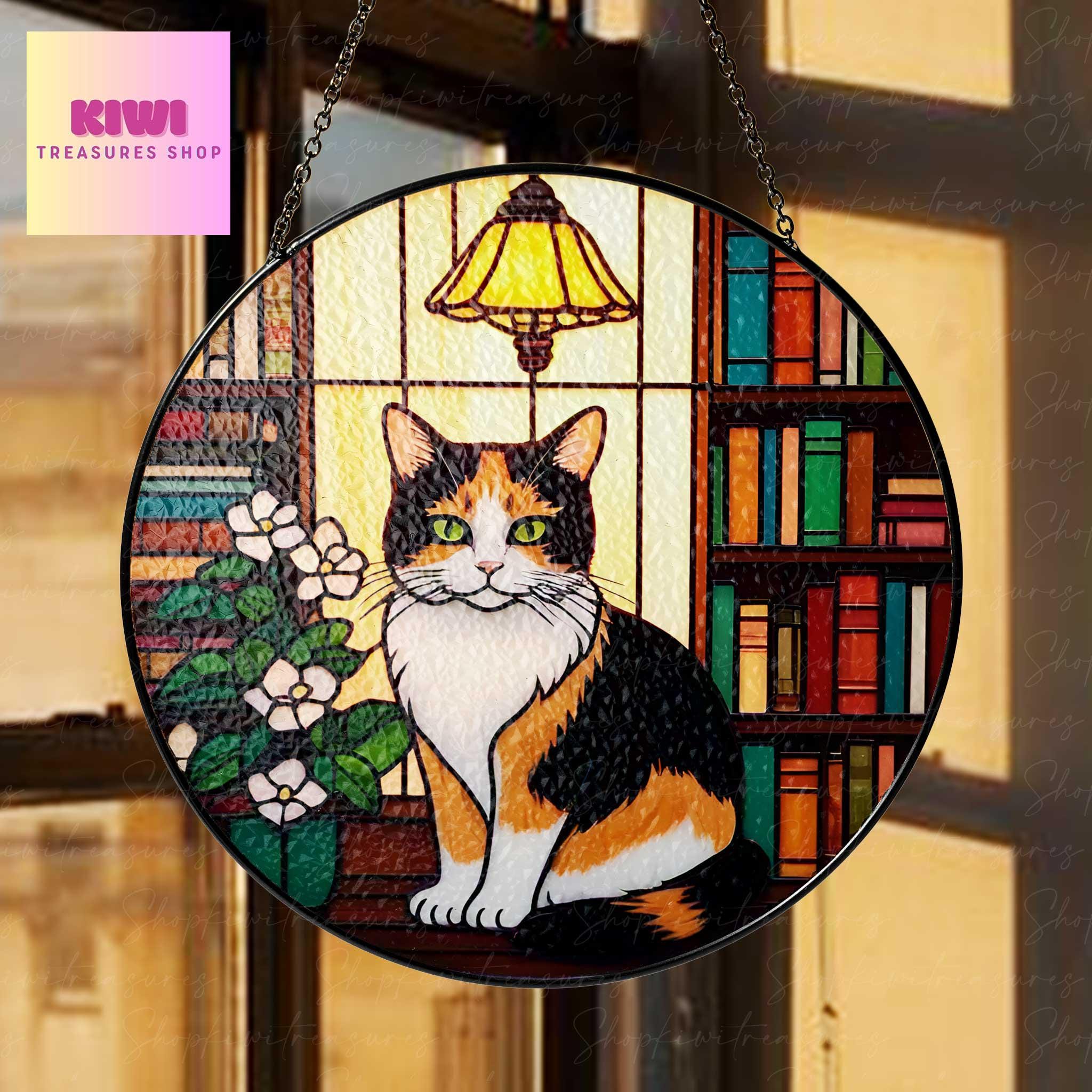 Calico Cat Sitting On Bookshelf GLASS Suncatcher Hanging, Book Window Decor, Book Lover Gift, Book FAUX Stain Glass, Librarian Gift