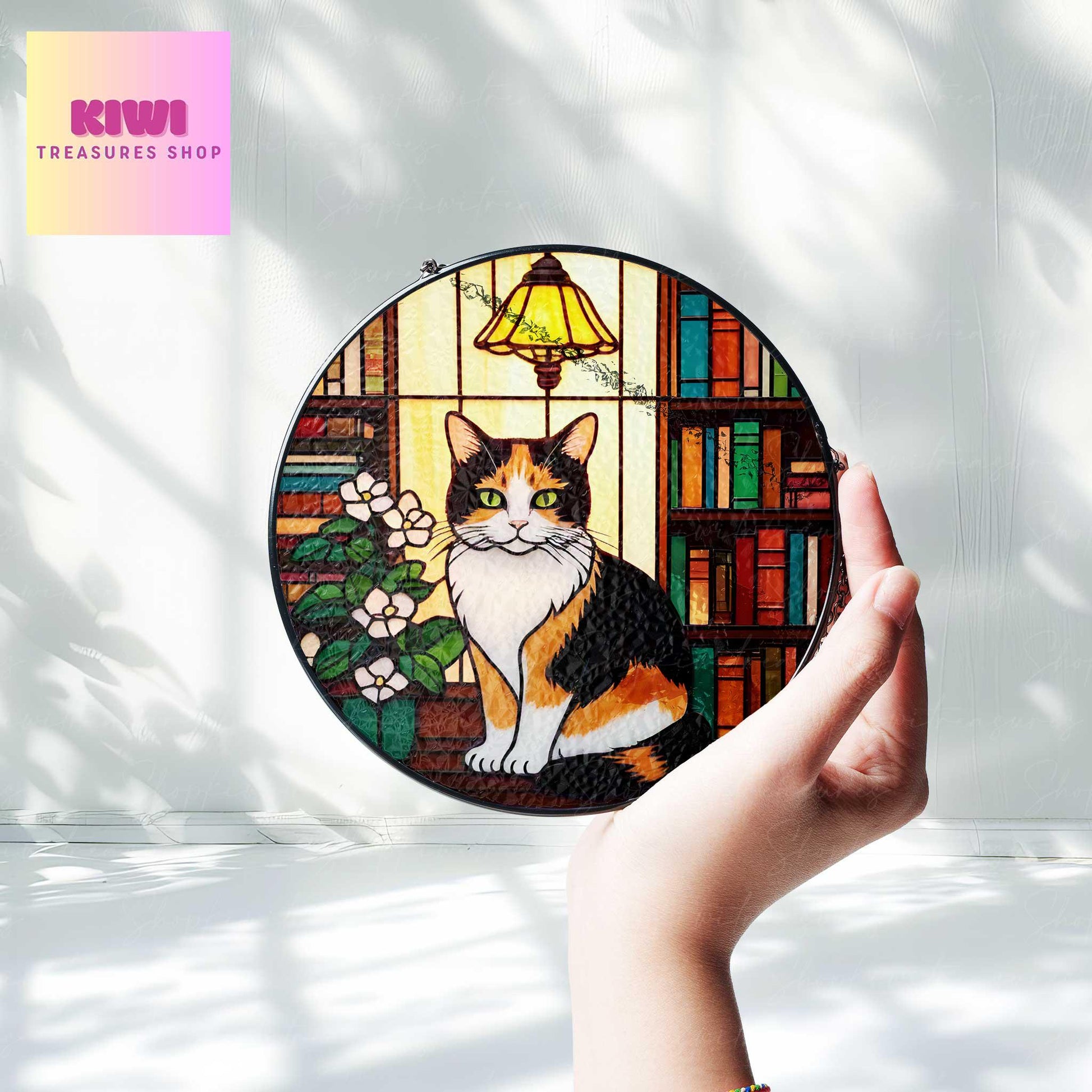 Calico Cat Sitting On Bookshelf GLASS Suncatcher Hanging, Book Window Decor, Book Lover Gift, Book FAUX Stain Glass, Librarian Gift