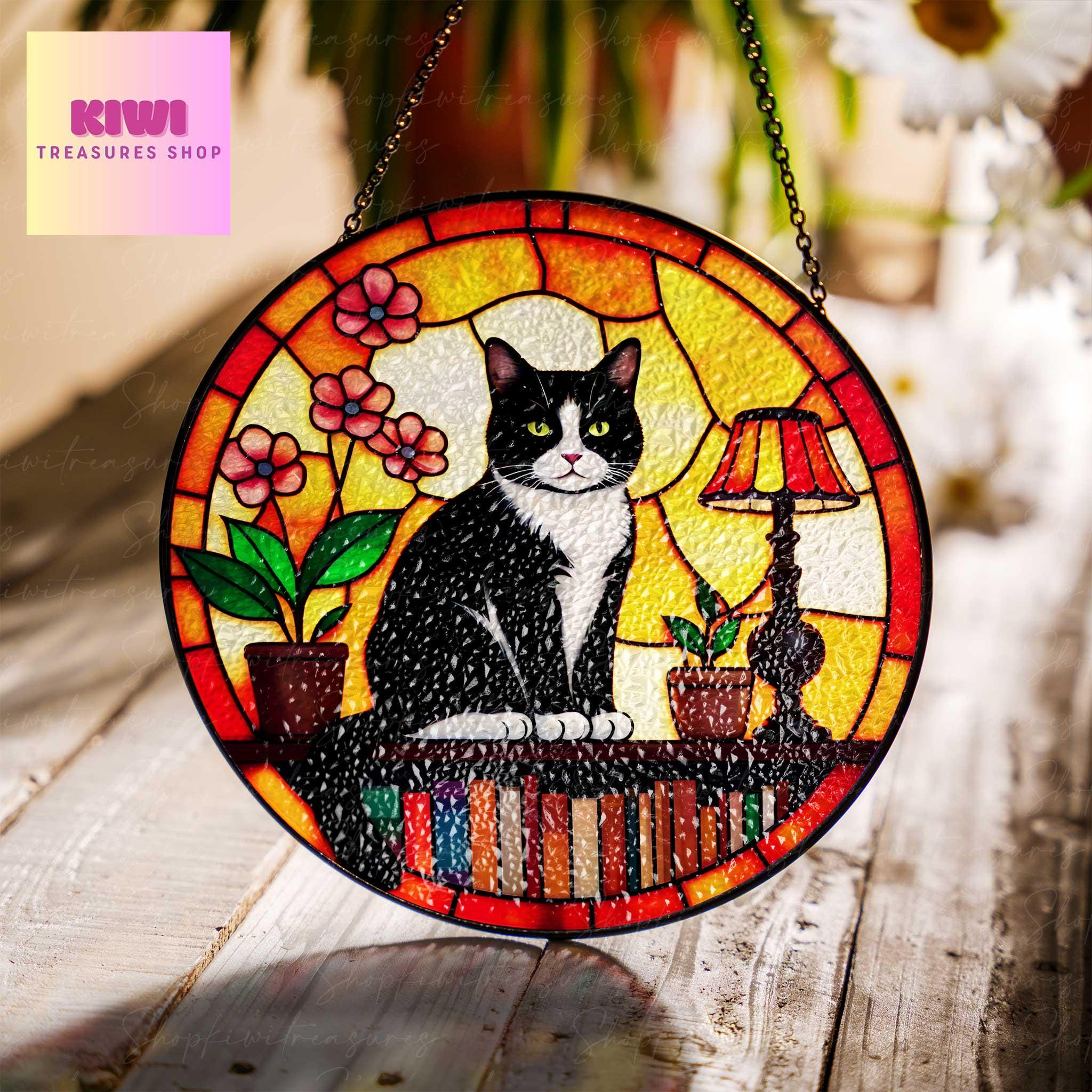 Vibrant tuxedo Cat Sitting On Bookshelf GLASS Suncatcher Hanging, Book Window Decor, Book Lover Gift, Book FAUX Stain Glass, Librarian Gift