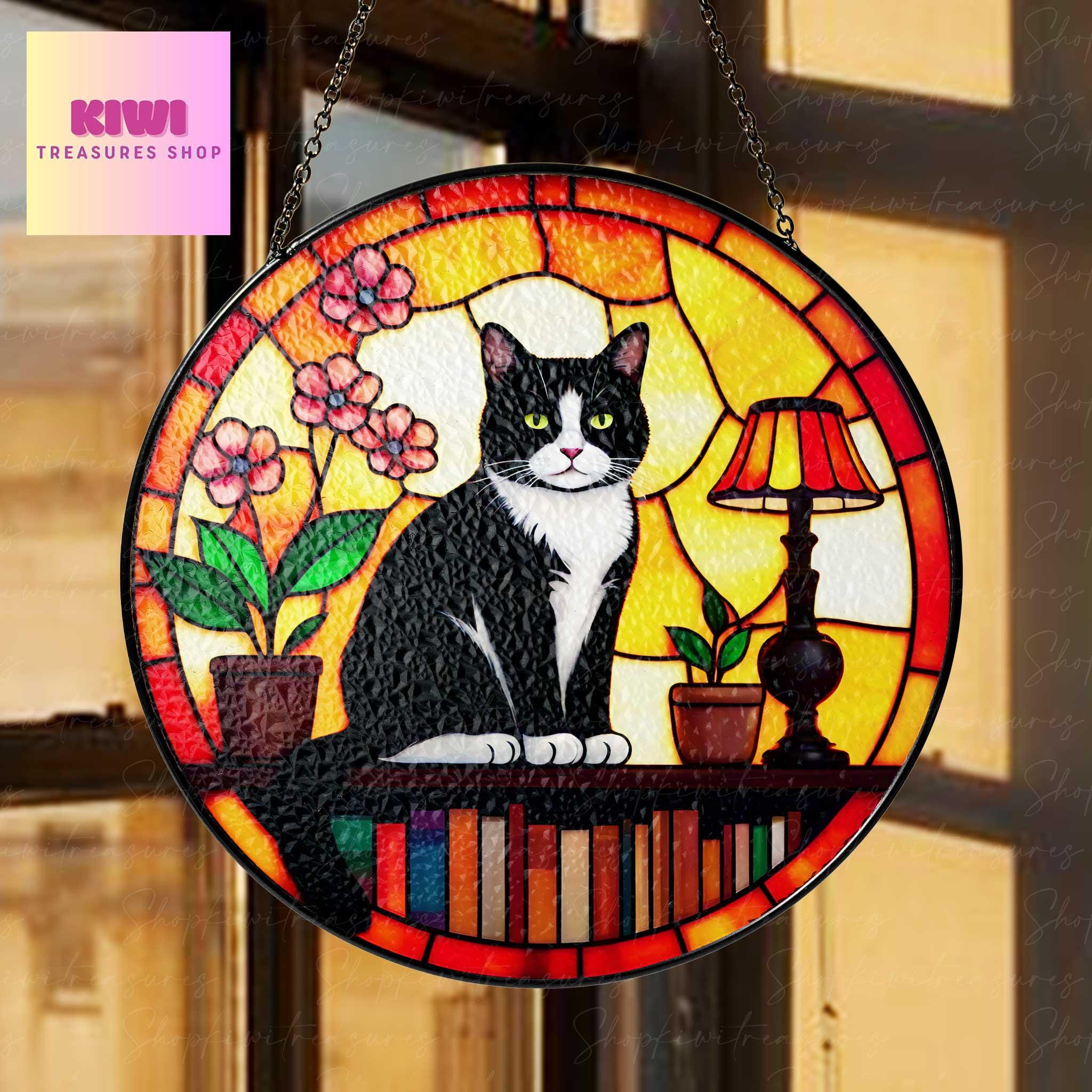 Vibrant tuxedo Cat Sitting On Bookshelf GLASS Suncatcher Hanging, Book Window Decor, Book Lover Gift, Book FAUX Stain Glass, Librarian Gift