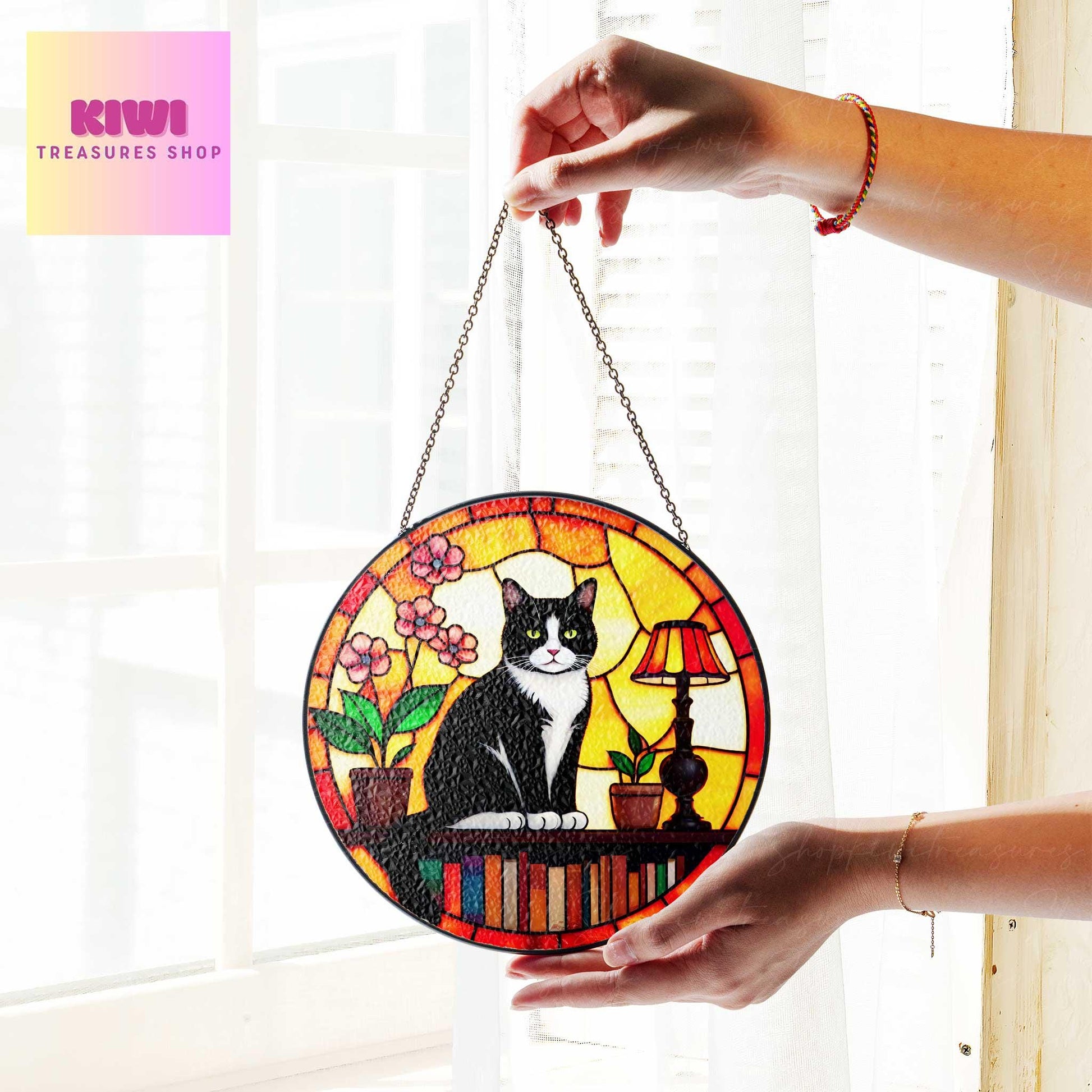 Vibrant tuxedo Cat Sitting On Bookshelf GLASS Suncatcher Hanging, Book Window Decor, Book Lover Gift, Book FAUX Stain Glass, Librarian Gift