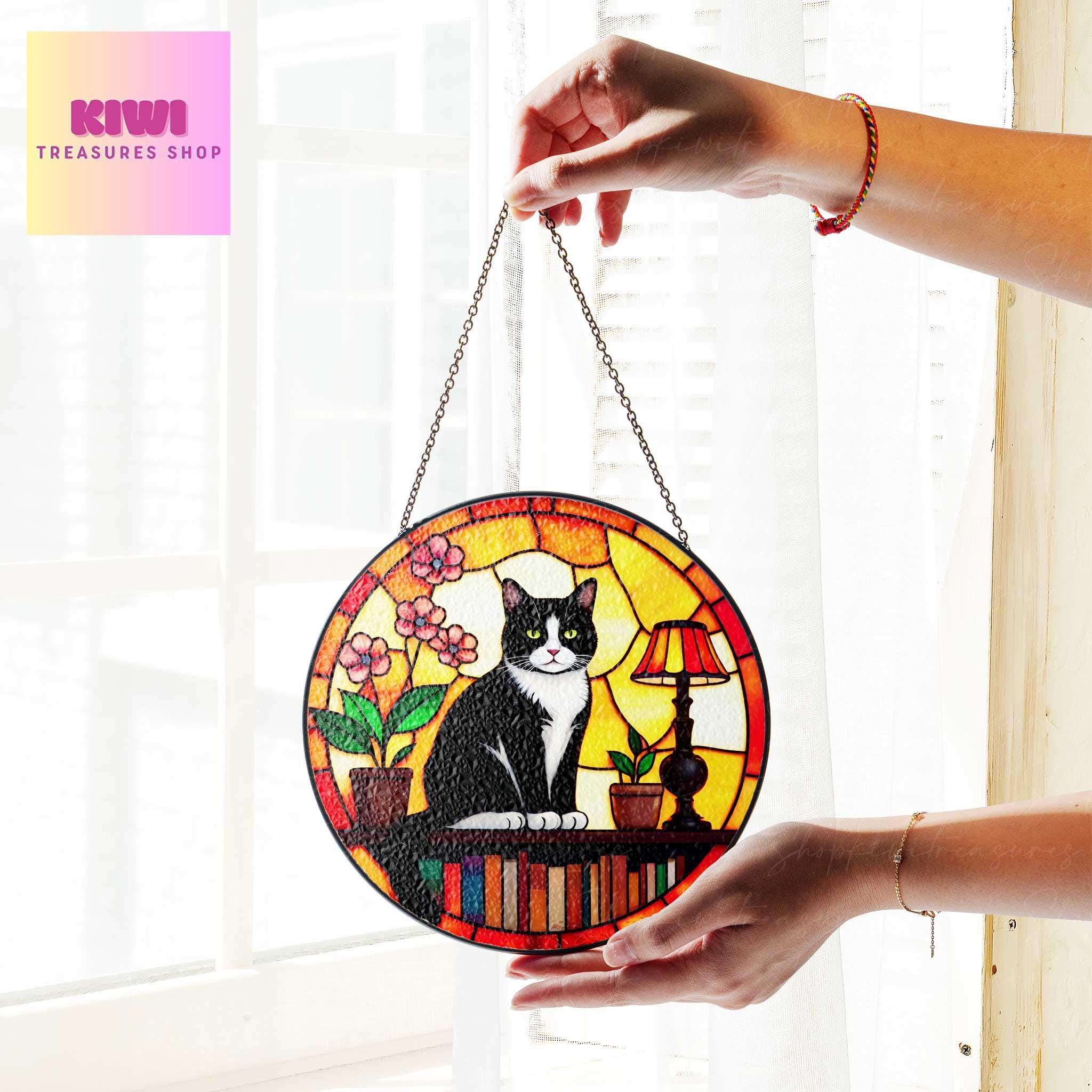 Vibrant tuxedo Cat Sitting On Bookshelf GLASS Suncatcher Hanging, Book Window Decor, Book Lover Gift, Book FAUX Stain Glass, Librarian Gift