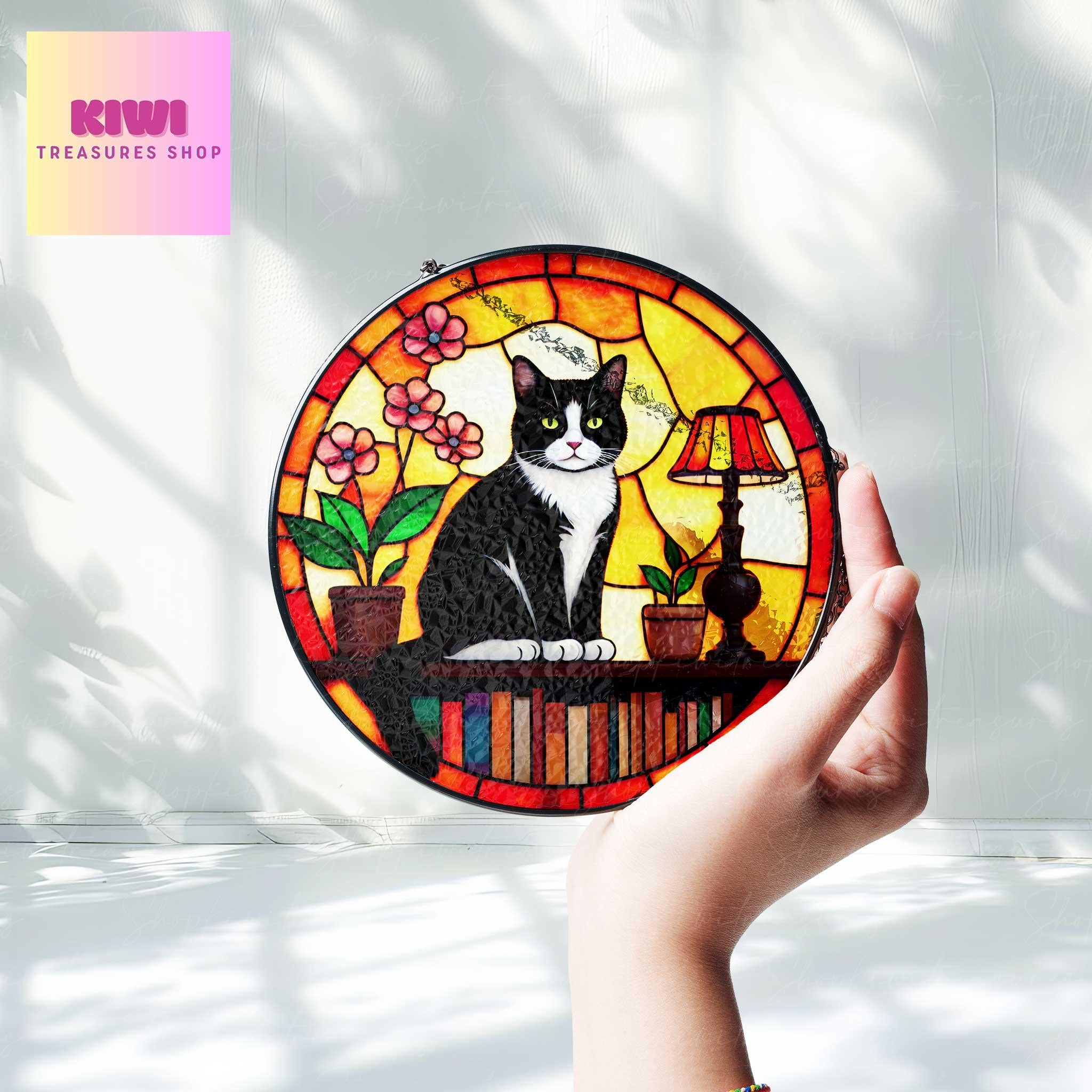 Vibrant tuxedo Cat Sitting On Bookshelf GLASS Suncatcher Hanging, Book Window Decor, Book Lover Gift, Book FAUX Stain Glass, Librarian Gift