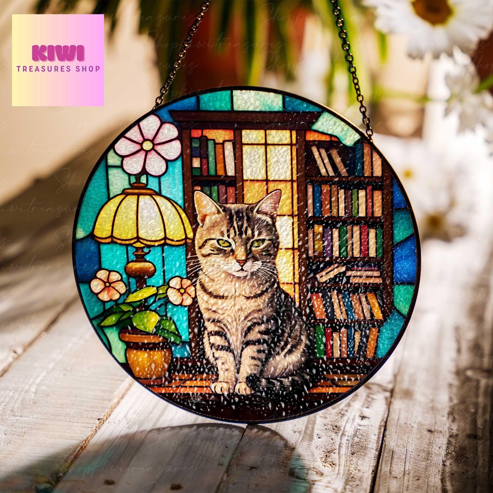 Cute tabby Cat Sitting On Bookshelf GLASS Suncatcher Hanging, Book Window Decor, Book Lover Gift, Book FAUX Stain Glass, Librarian Gift