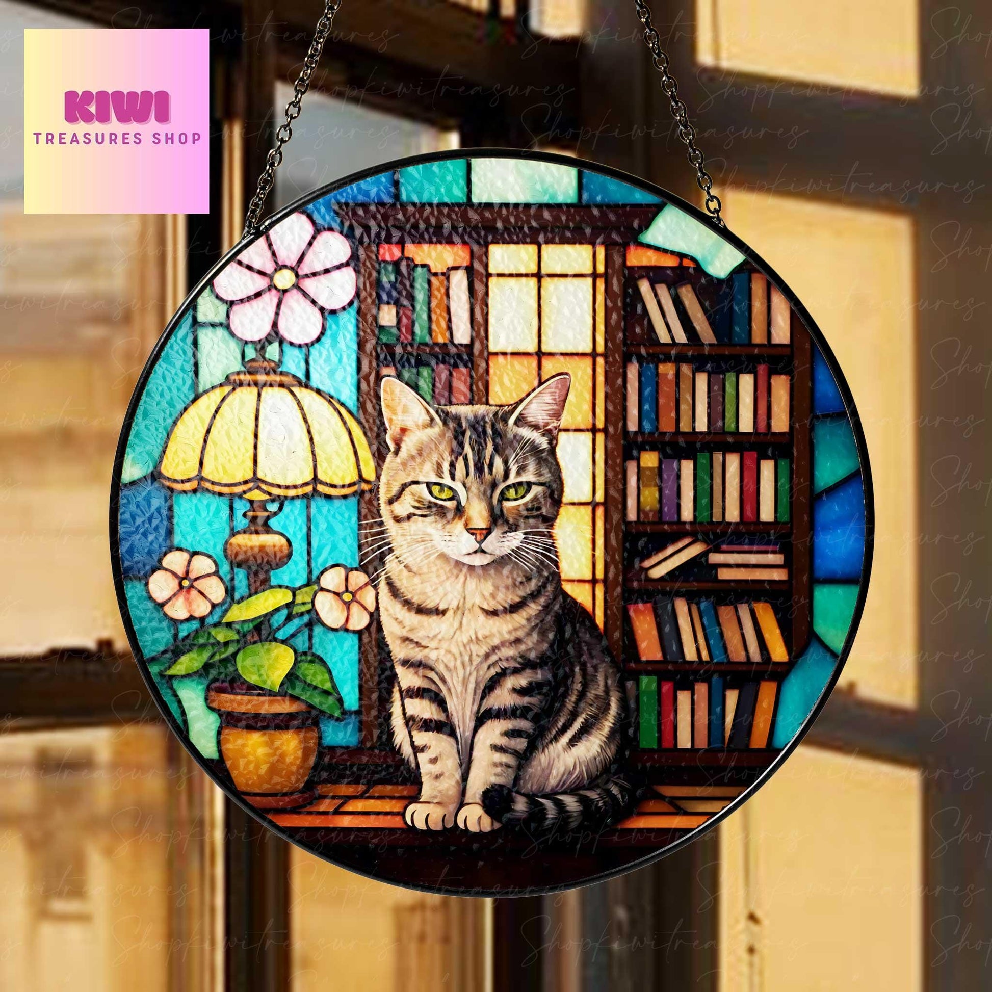 Cute tabby Cat Sitting On Bookshelf GLASS Suncatcher Hanging, Book Window Decor, Book Lover Gift, Book FAUX Stain Glass, Librarian Gift