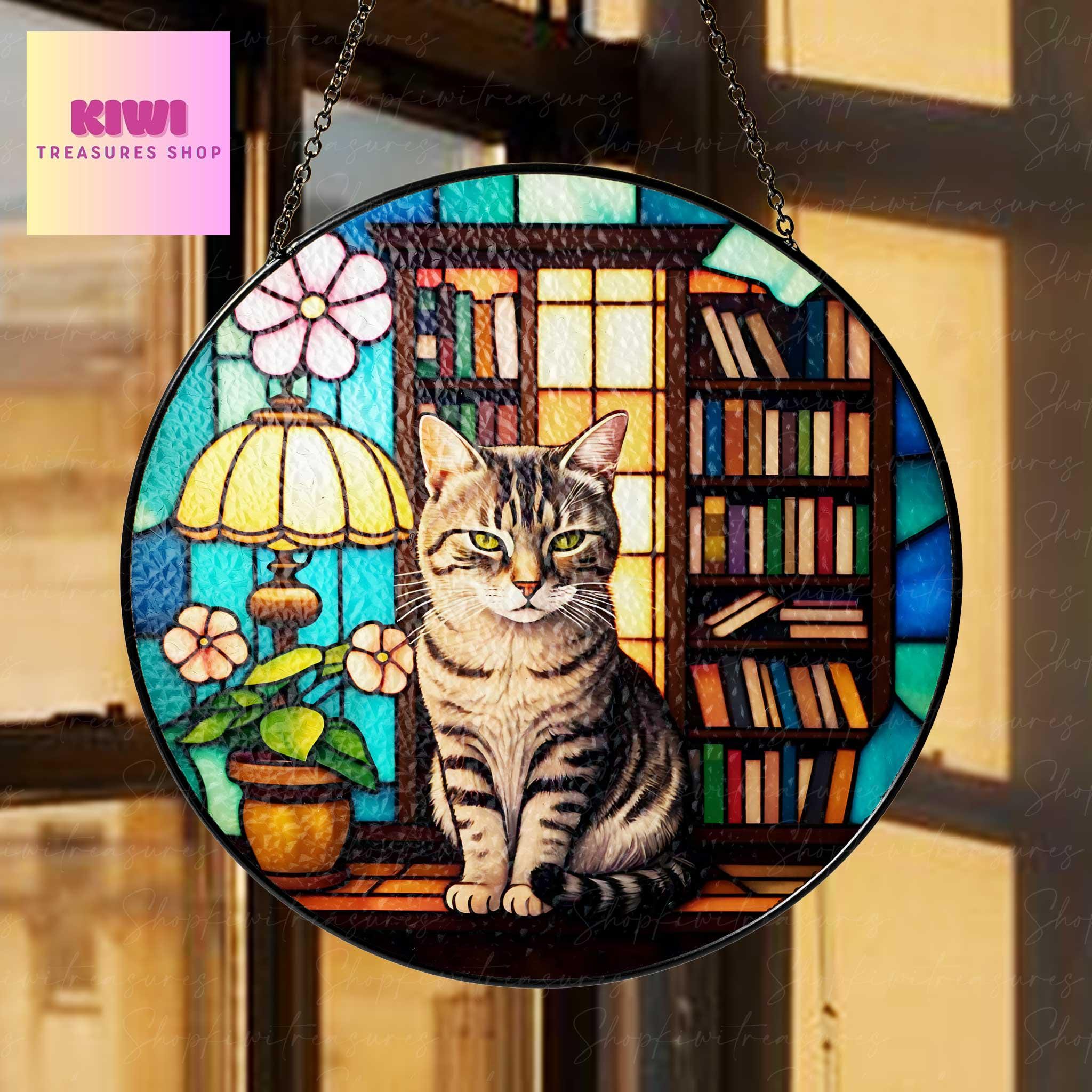 Cute tabby Cat Sitting On Bookshelf GLASS Suncatcher Hanging, Book Window Decor, Book Lover Gift, Book FAUX Stain Glass, Librarian Gift