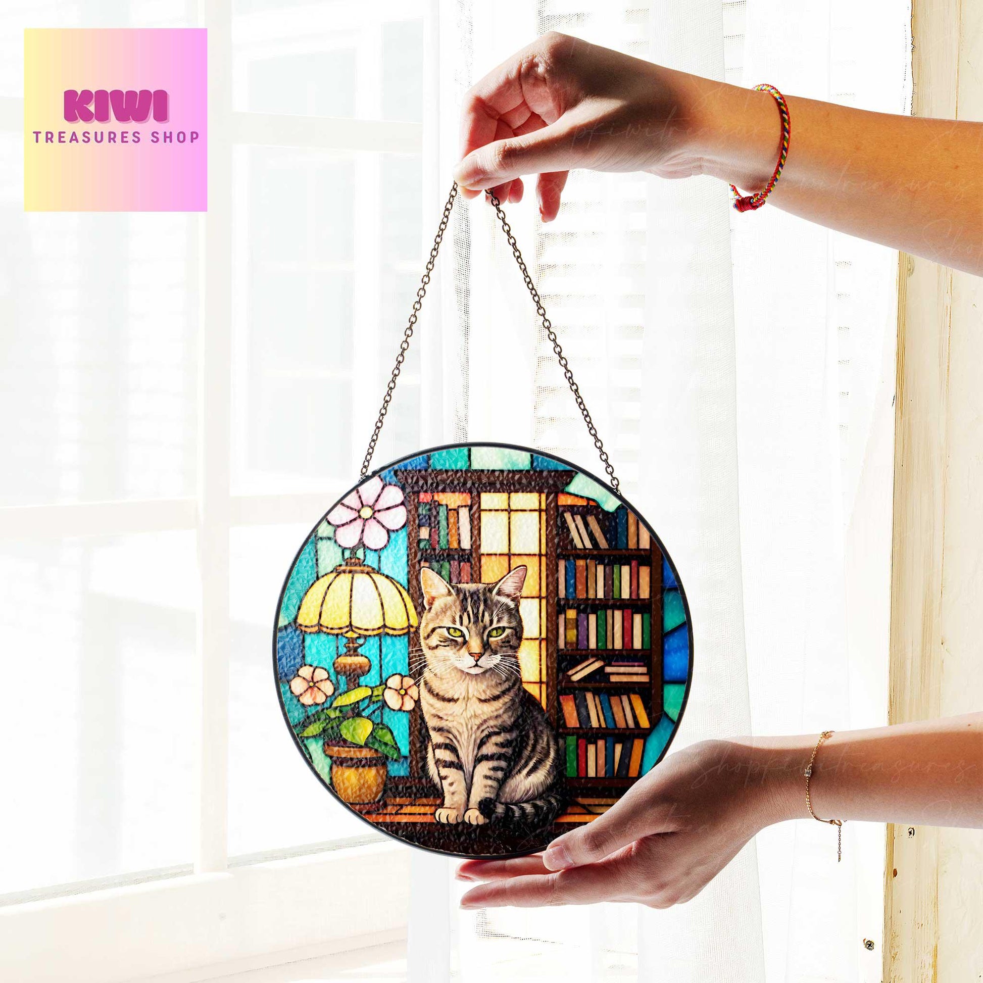 Cute tabby Cat Sitting On Bookshelf GLASS Suncatcher Hanging, Book Window Decor, Book Lover Gift, Book FAUX Stain Glass, Librarian Gift
