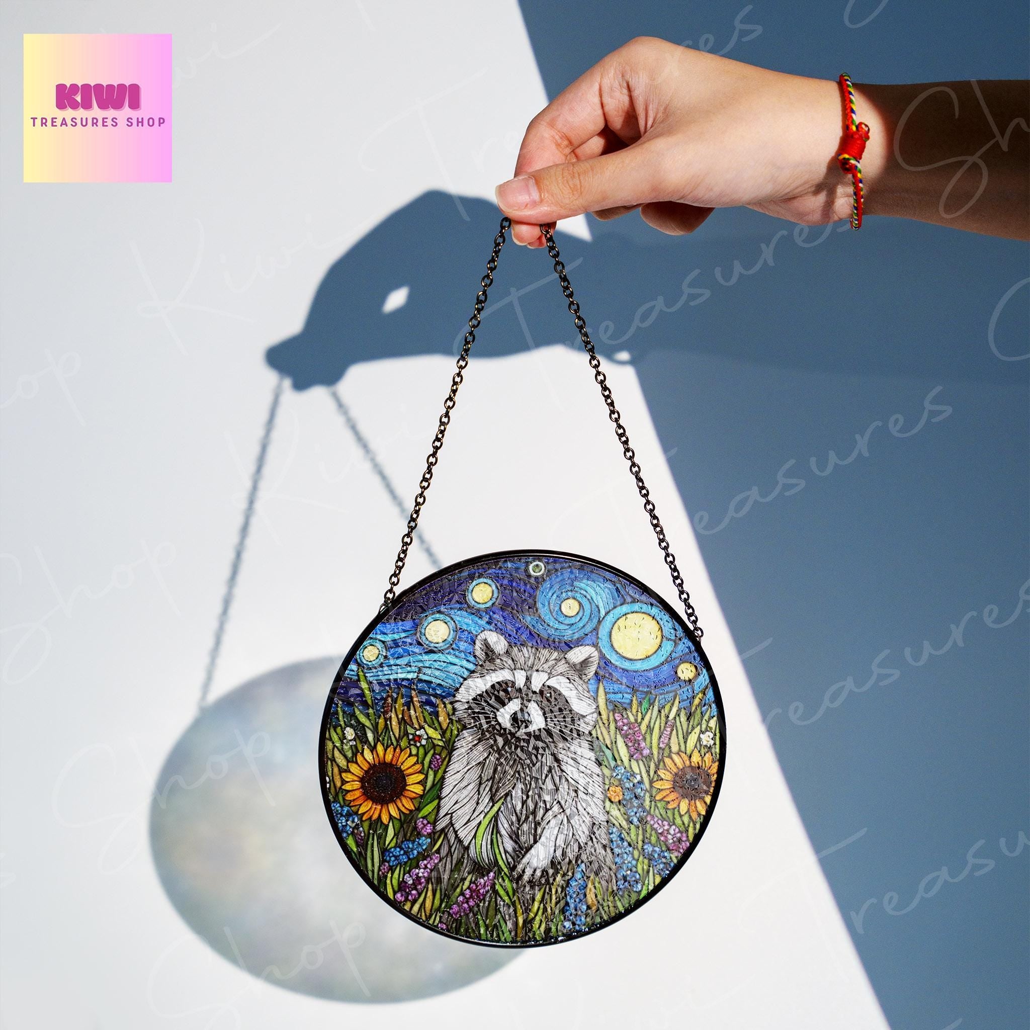 Raccoon and wildflowers GLASS Suncatcher Hanging, Cute raccoon , Trash panda suncatcher hanging, Raccoon window hanging