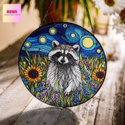Raccoon and wildflowers GLASS Suncatcher Hanging, Cute raccoon , Trash panda suncatcher hanging, Raccoon window hanging