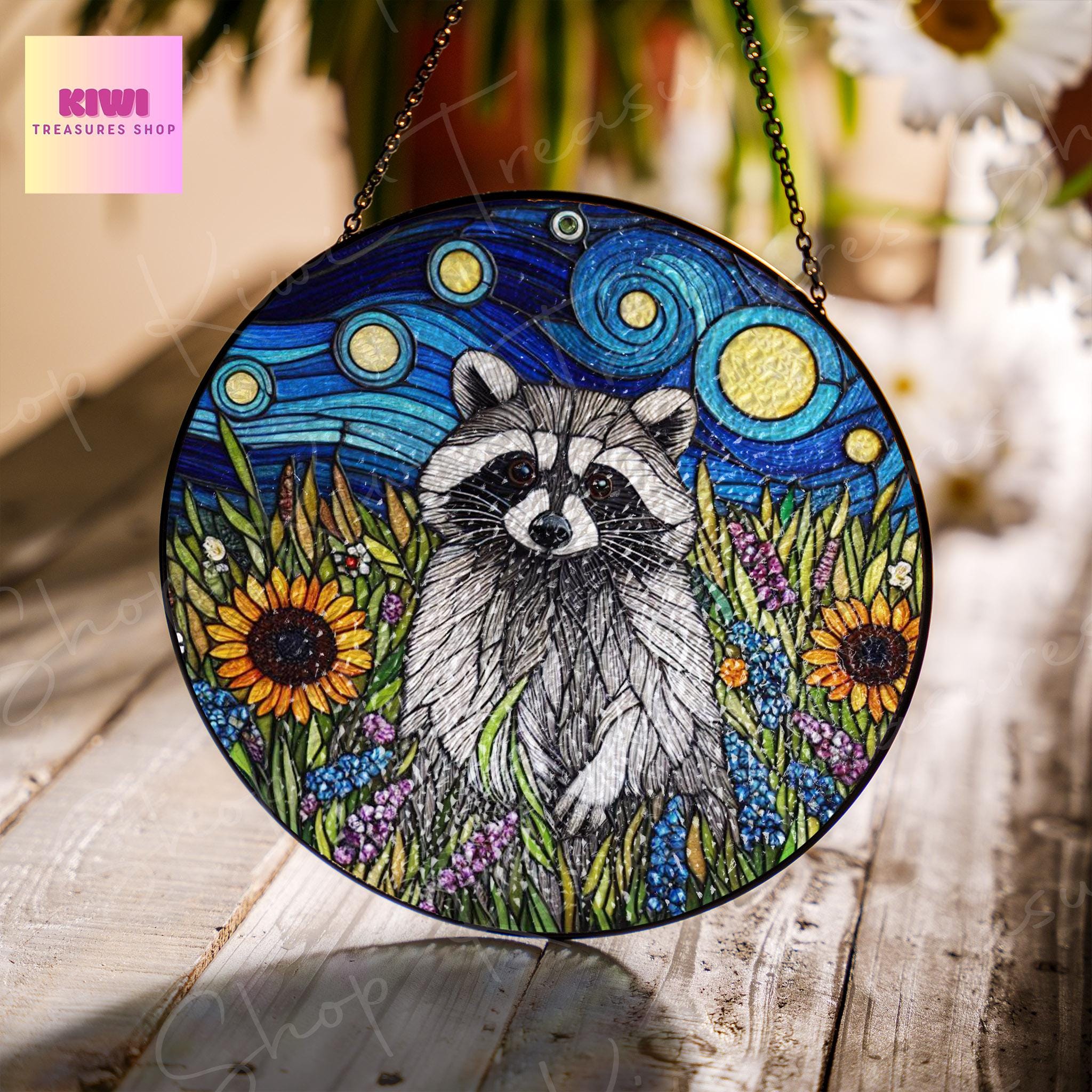 Raccoon and wildflowers GLASS Suncatcher Hanging, Cute raccoon , Trash panda suncatcher hanging, Raccoon window hanging