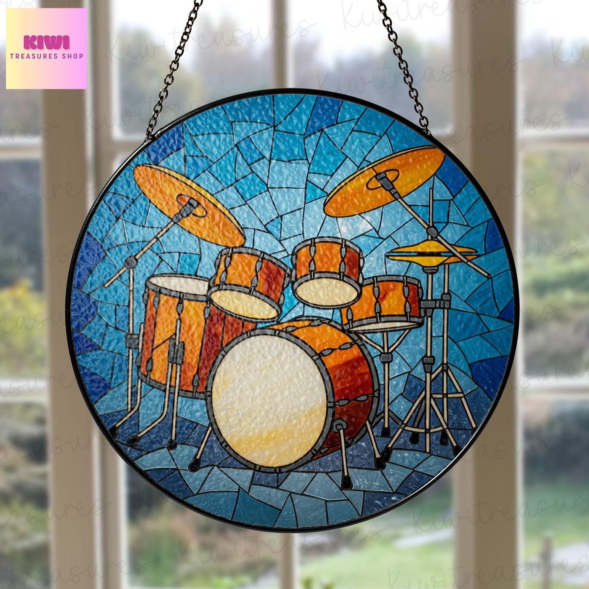 Drum set GLASS Suncatcher Hanging Drummer gift Window hanging Suncatcher ornament gift Musical Instrument decor Drum kit suncatcher