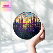 Larkspur Flower field sunset GLASS Suncatcher Hanging, Birth Month Flower glass, Window hanging, Suncatcher ornament, July birthday gift