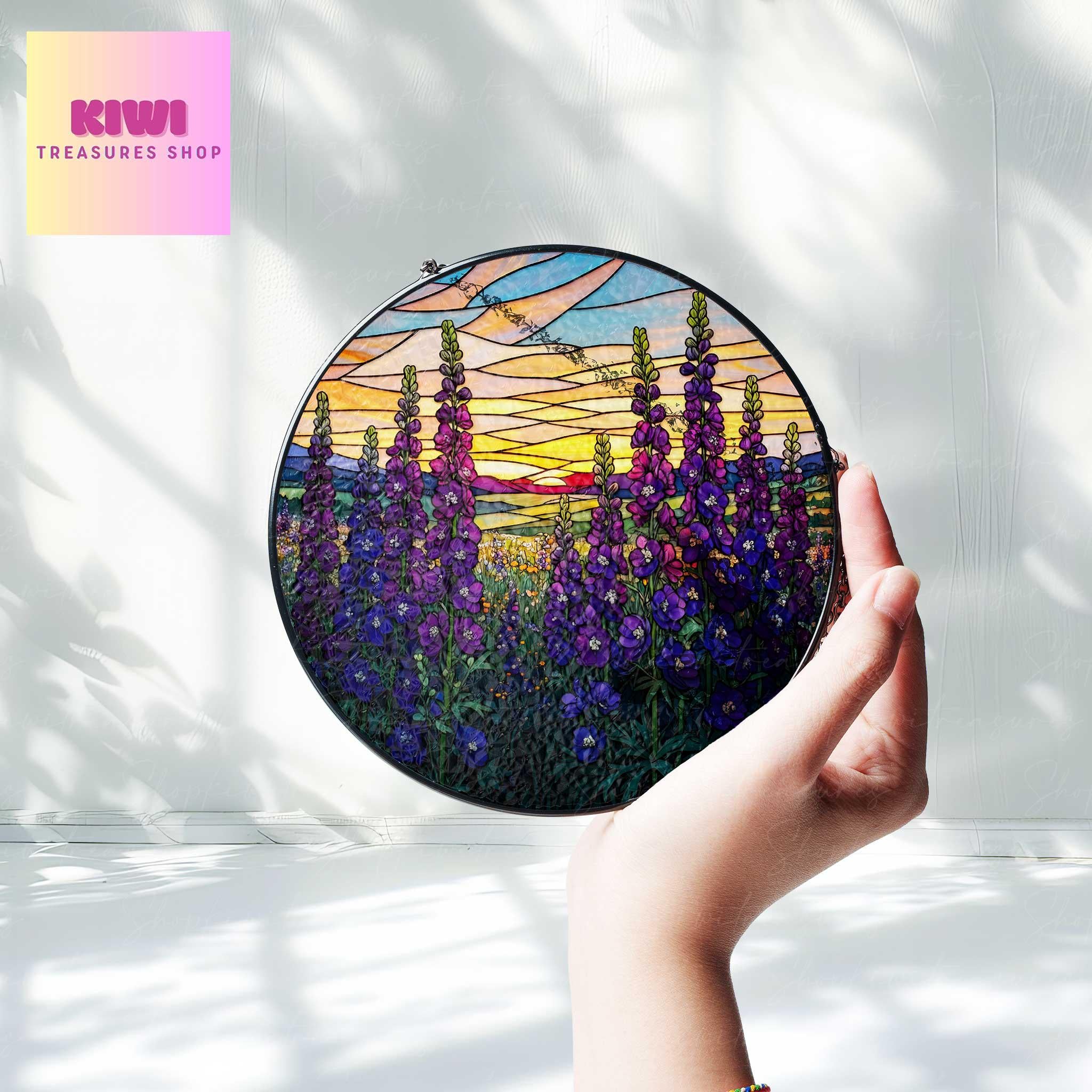 Larkspur Flower field sunset GLASS Suncatcher Hanging, Birth Month Flower glass, Window hanging, Suncatcher ornament, July birthday gift