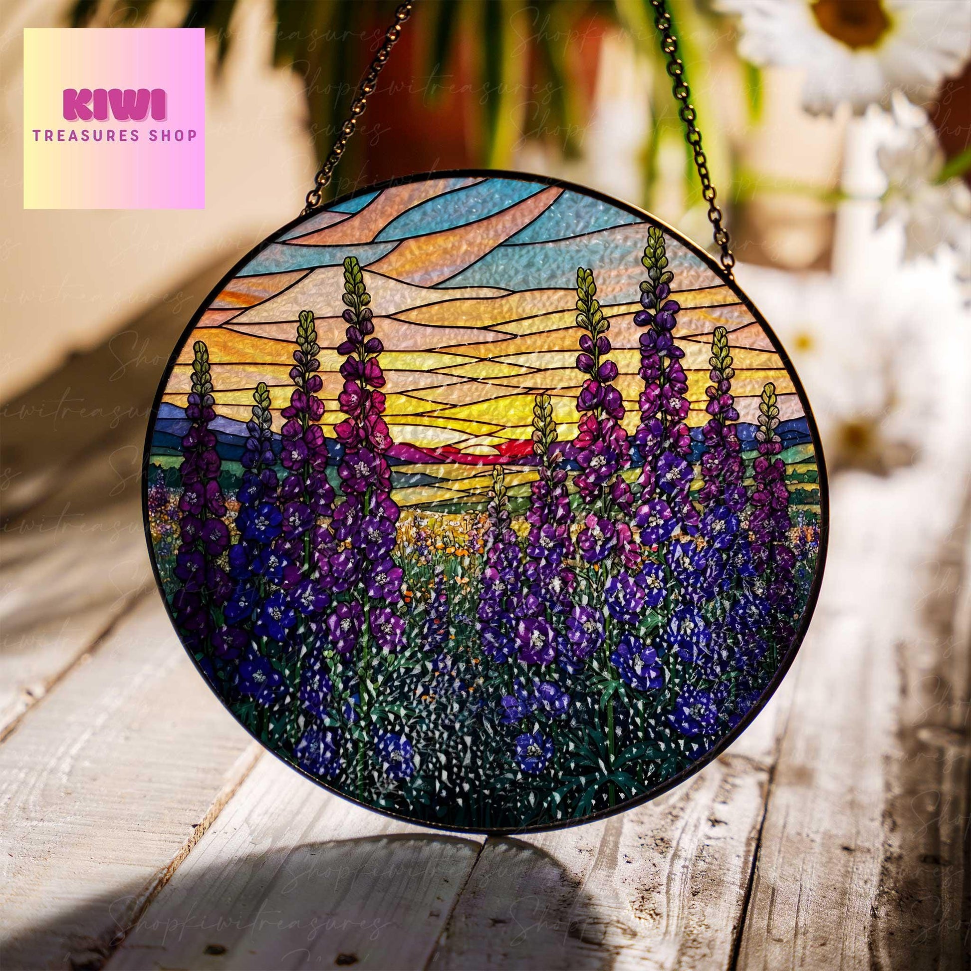 Larkspur Flower field sunset GLASS Suncatcher Hanging, Birth Month Flower glass, Window hanging, Suncatcher ornament, July birthday gift