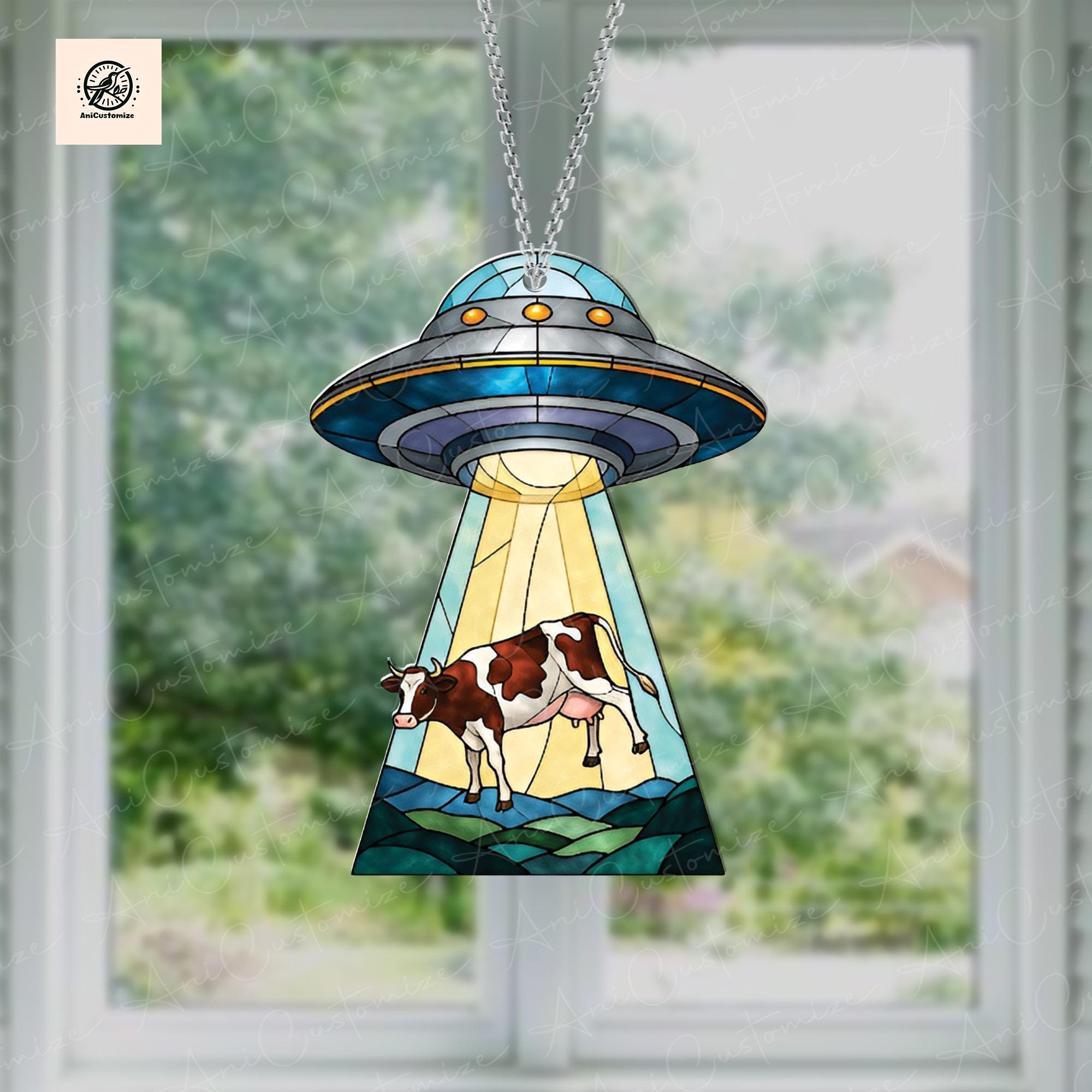 UFO Abduction Dairy Cow ACRYLIC Window Hanging, Alien Cow Decor, Funny Ufo Cow Decor, Dairy Cow Lover Gift, Aliens Lovers Gifts, Alien Decor