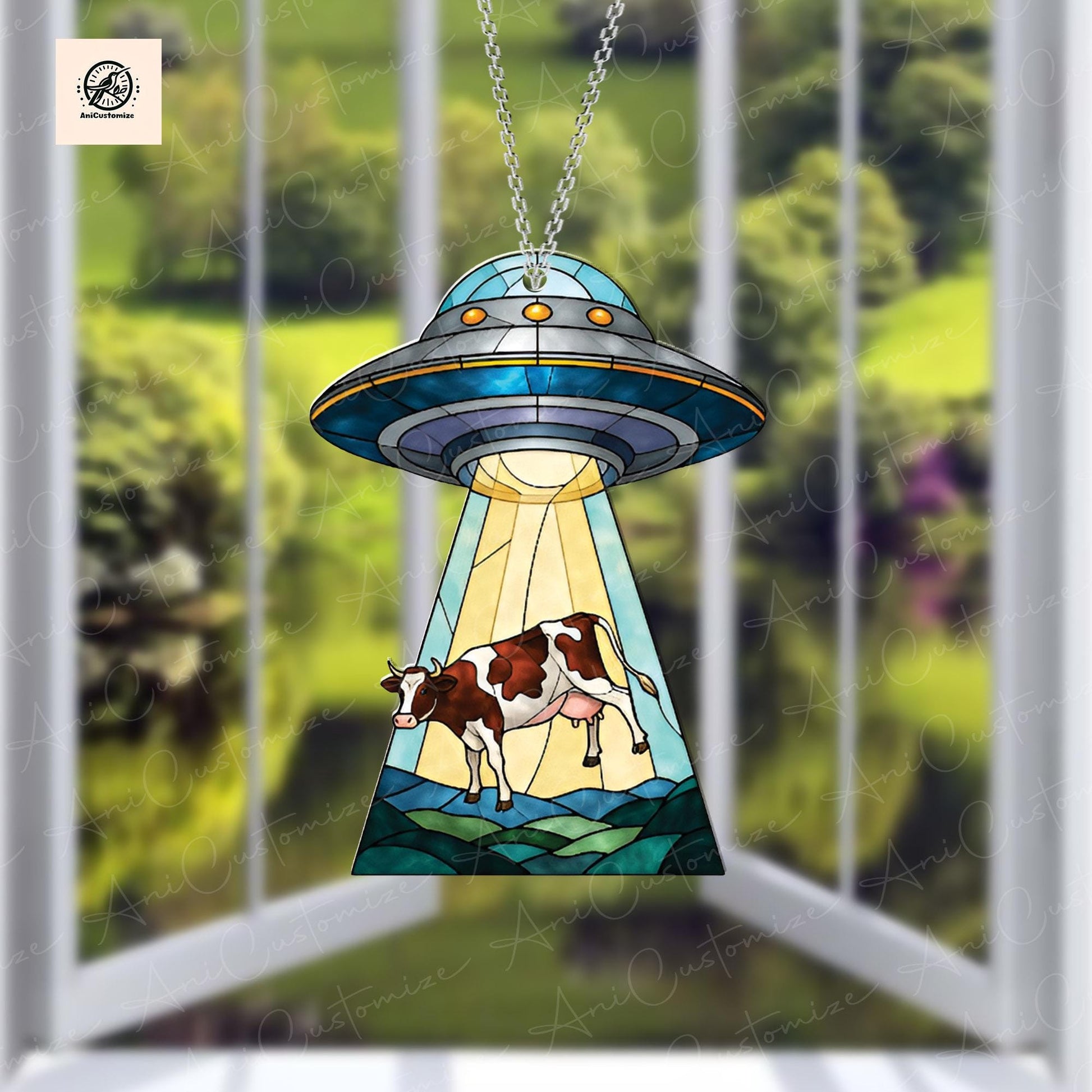 UFO Abduction Dairy Cow ACRYLIC Window Hanging, Alien Cow Decor, Funny Ufo Cow Decor, Dairy Cow Lover Gift, Aliens Lovers Gifts, Alien Decor