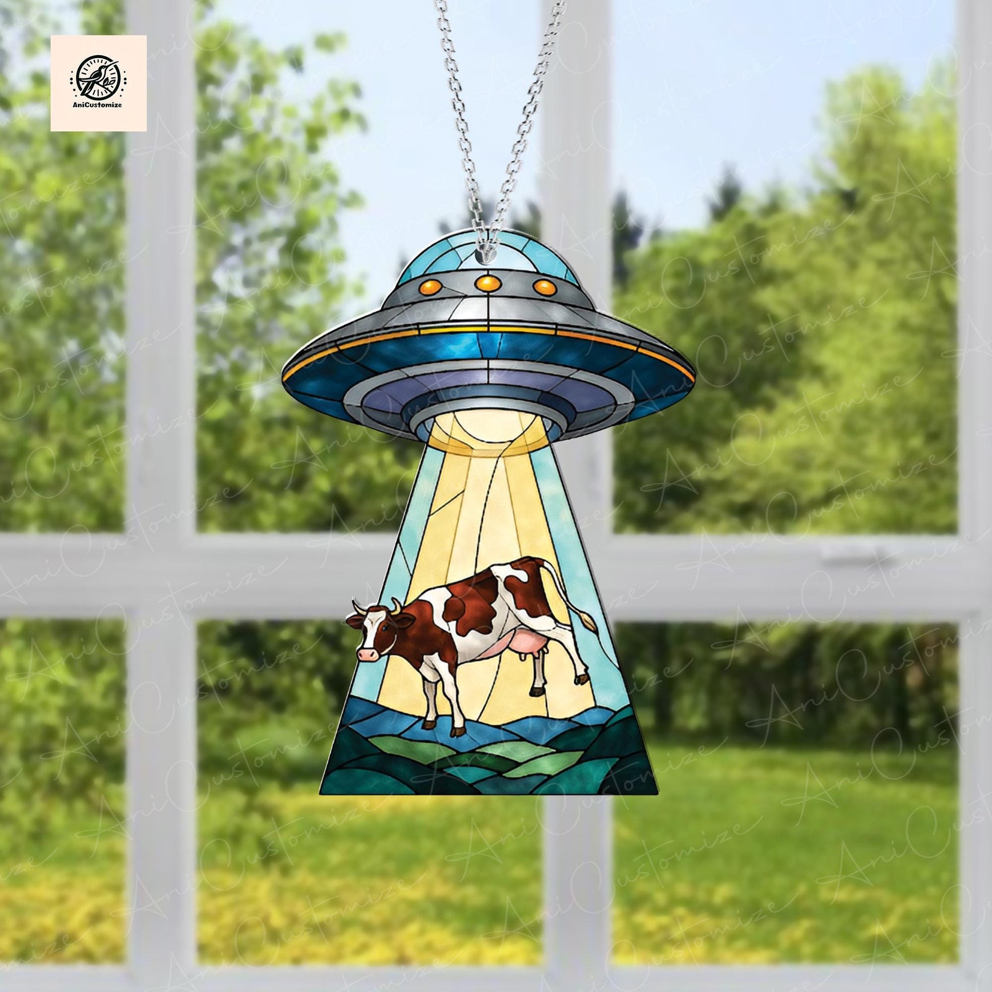 UFO Abduction Dairy Cow ACRYLIC Window Hanging, Alien Cow Decor, Funny Ufo Cow Decor, Dairy Cow Lover Gift, Aliens Lovers Gifts, Alien Decor