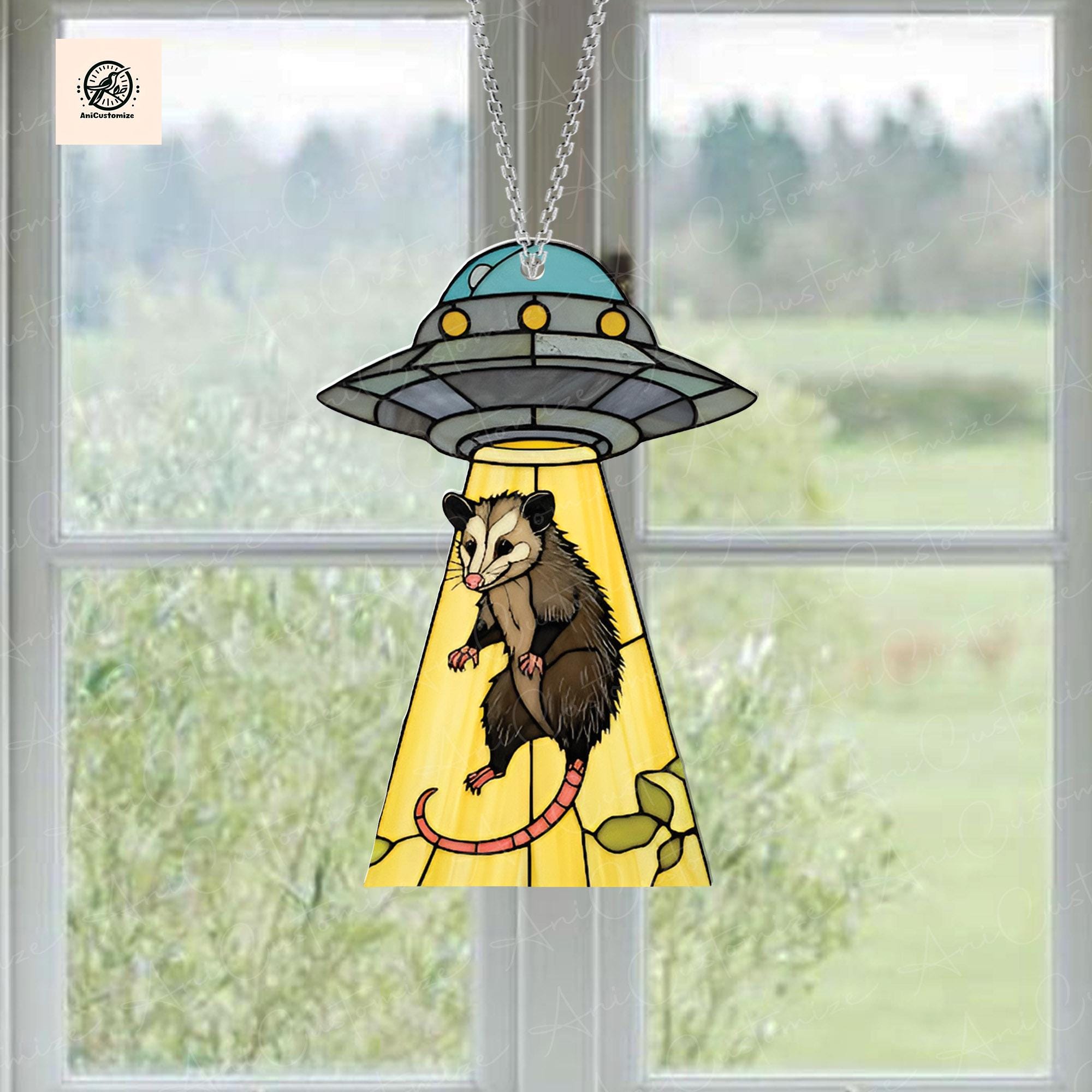 UFO Abduction Opossum ACRYLIC Window Hanging, Possum Funny Decor, Funny Ufo Possum, Possum Lover Gift, Aliens Lovers Gifts, Alien Decor