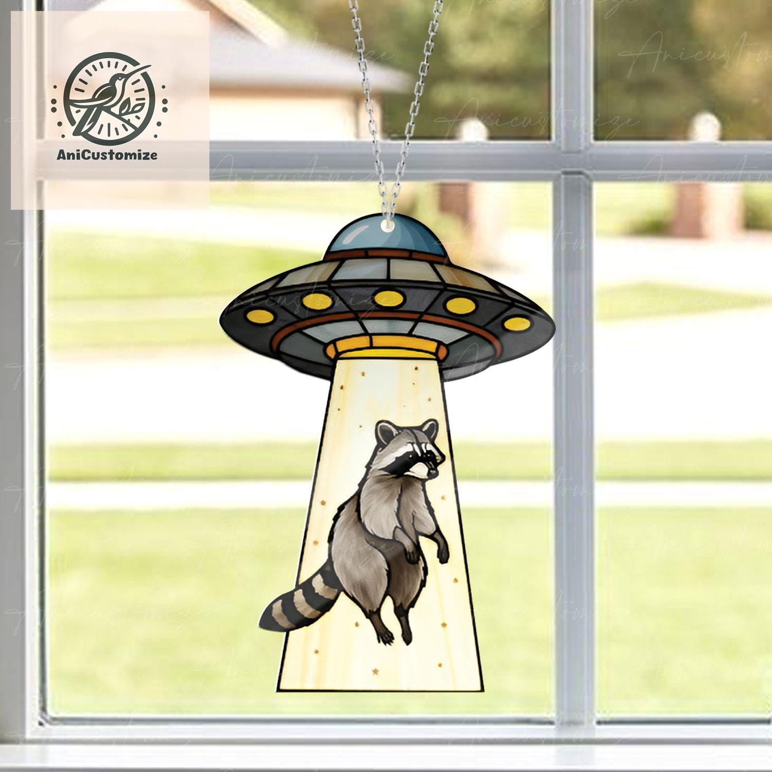 UFO Abduction Raccoon ACRYLIC Window Hanging, Raccoon Funny Decor, Funny Ufo Raccoon, Raccoon Lover Gift, Aliens Lovers Gifts, Alien Decor