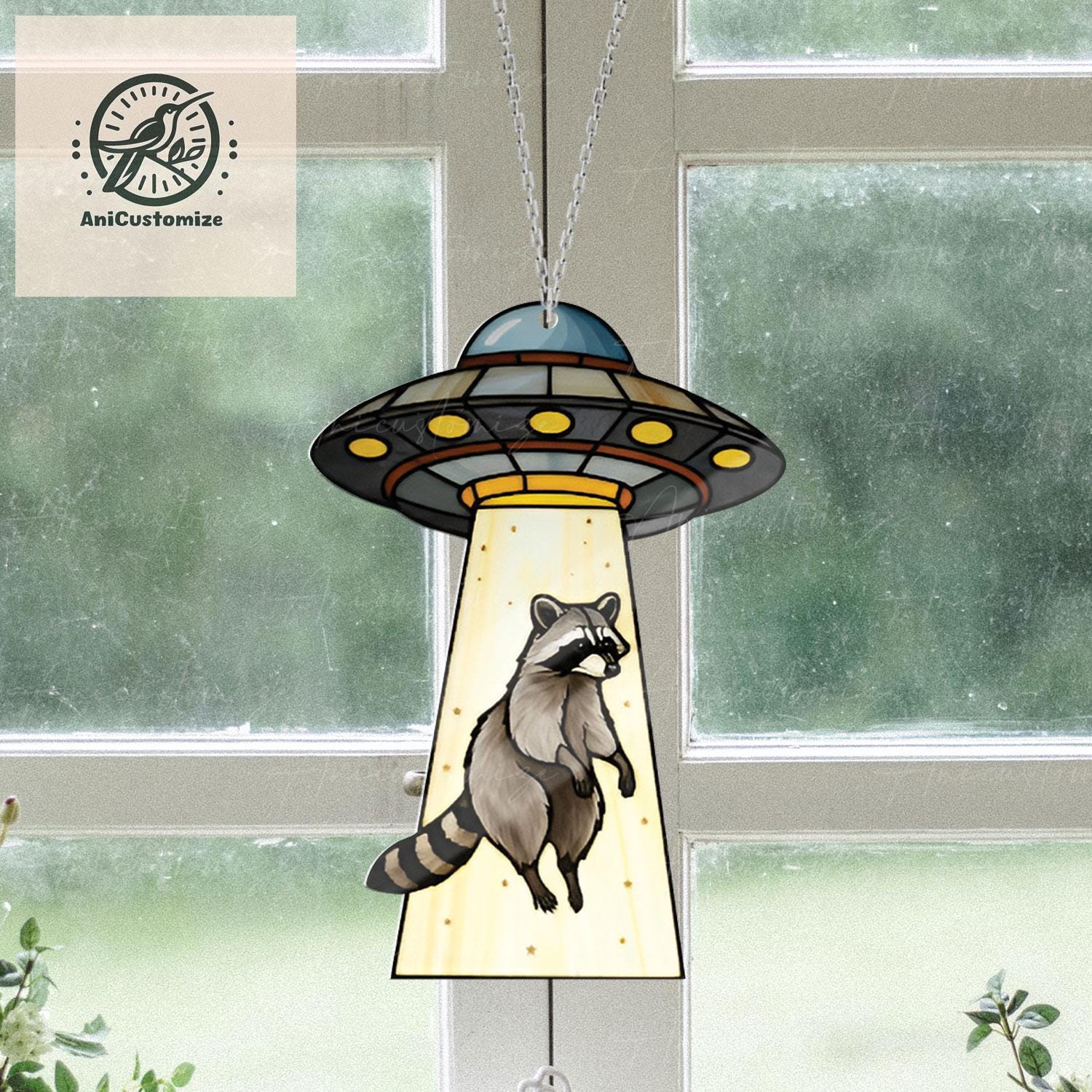 UFO Abduction Raccoon ACRYLIC Window Hanging, Raccoon Funny Decor, Funny Ufo Raccoon, Raccoon Lover Gift, Aliens Lovers Gifts, Alien Decor