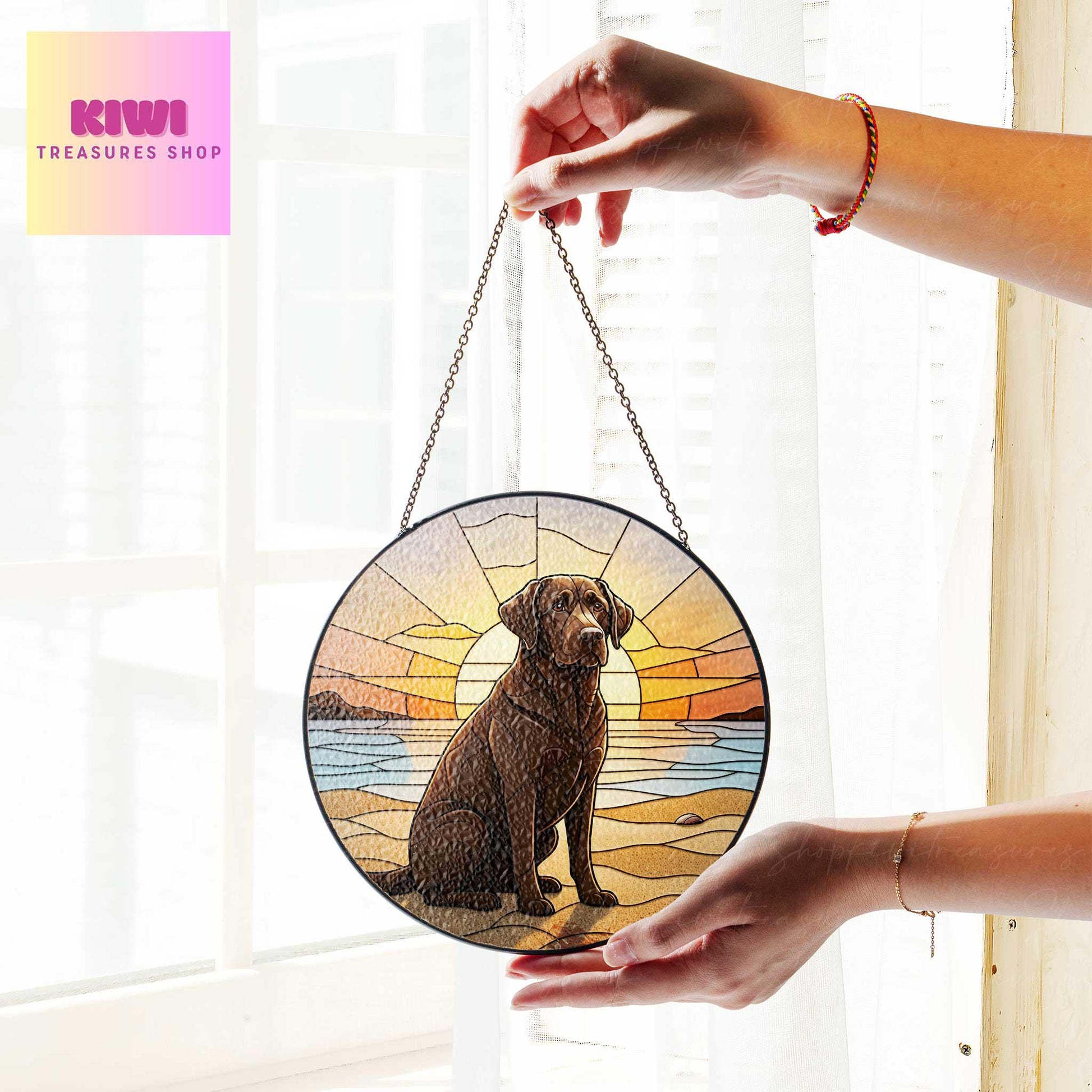 Chocolate Labrador beach landscape GLASS Suncatcher Hanging, Dog suncatcher, labrador retriever mom gift,housewarming gift