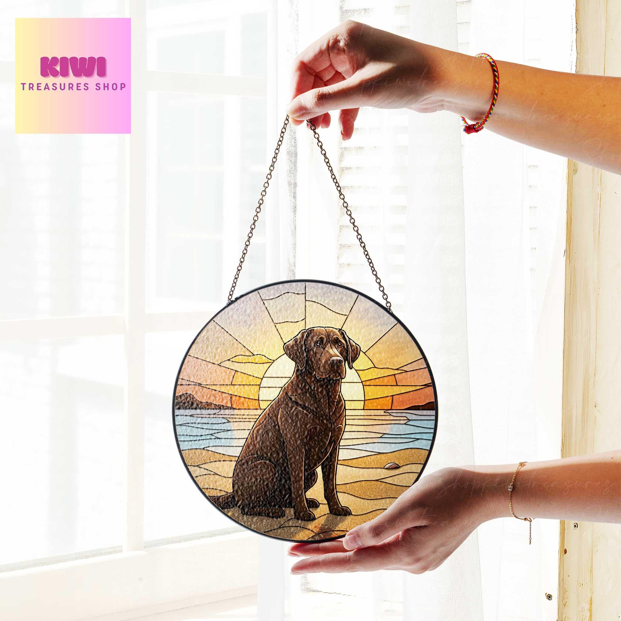 Chocolate Labrador beach landscape GLASS Suncatcher Hanging, Dog suncatcher, labrador retriever mom gift,housewarming gift