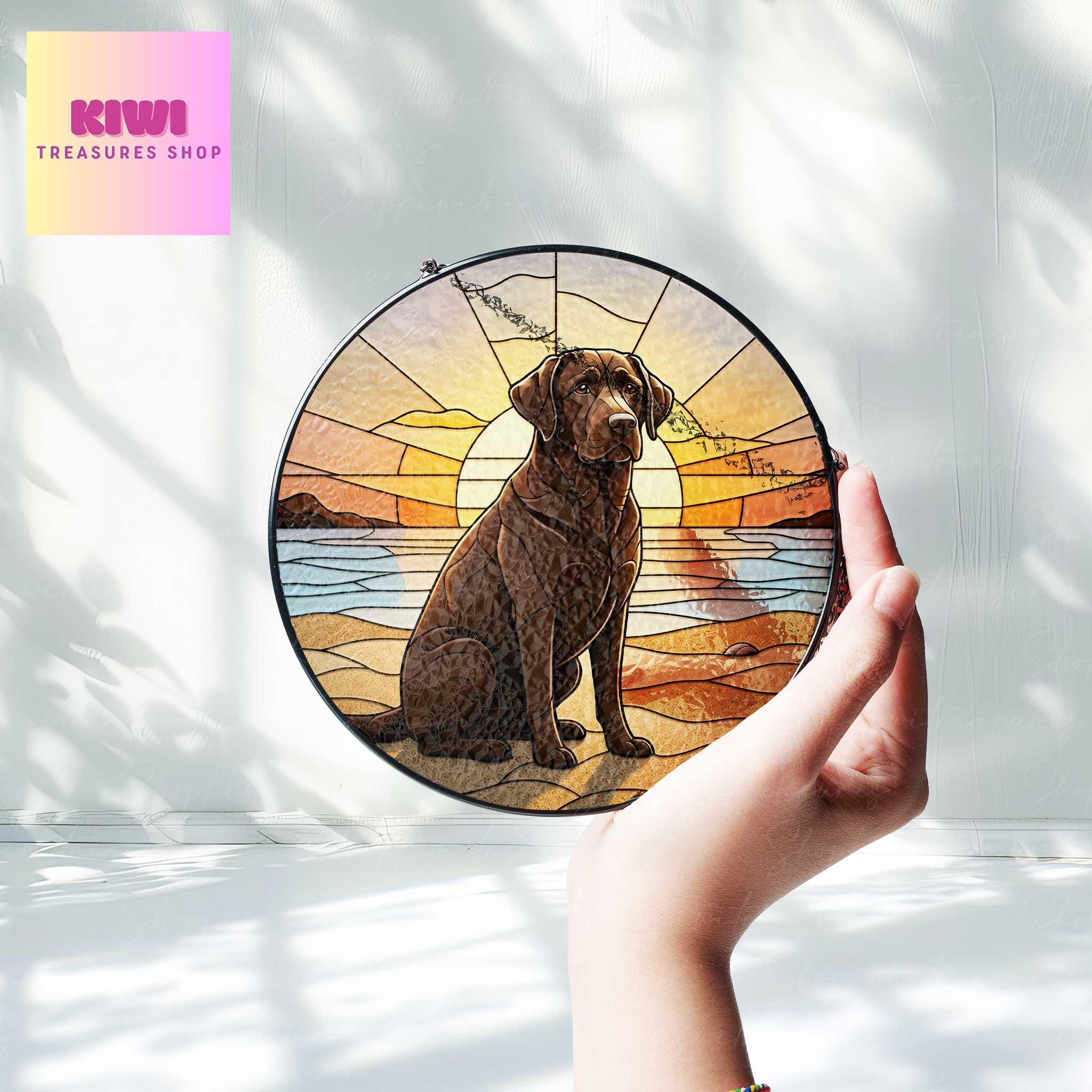 Chocolate Labrador beach landscape GLASS Suncatcher Hanging, Dog suncatcher, labrador retriever mom gift,housewarming gift