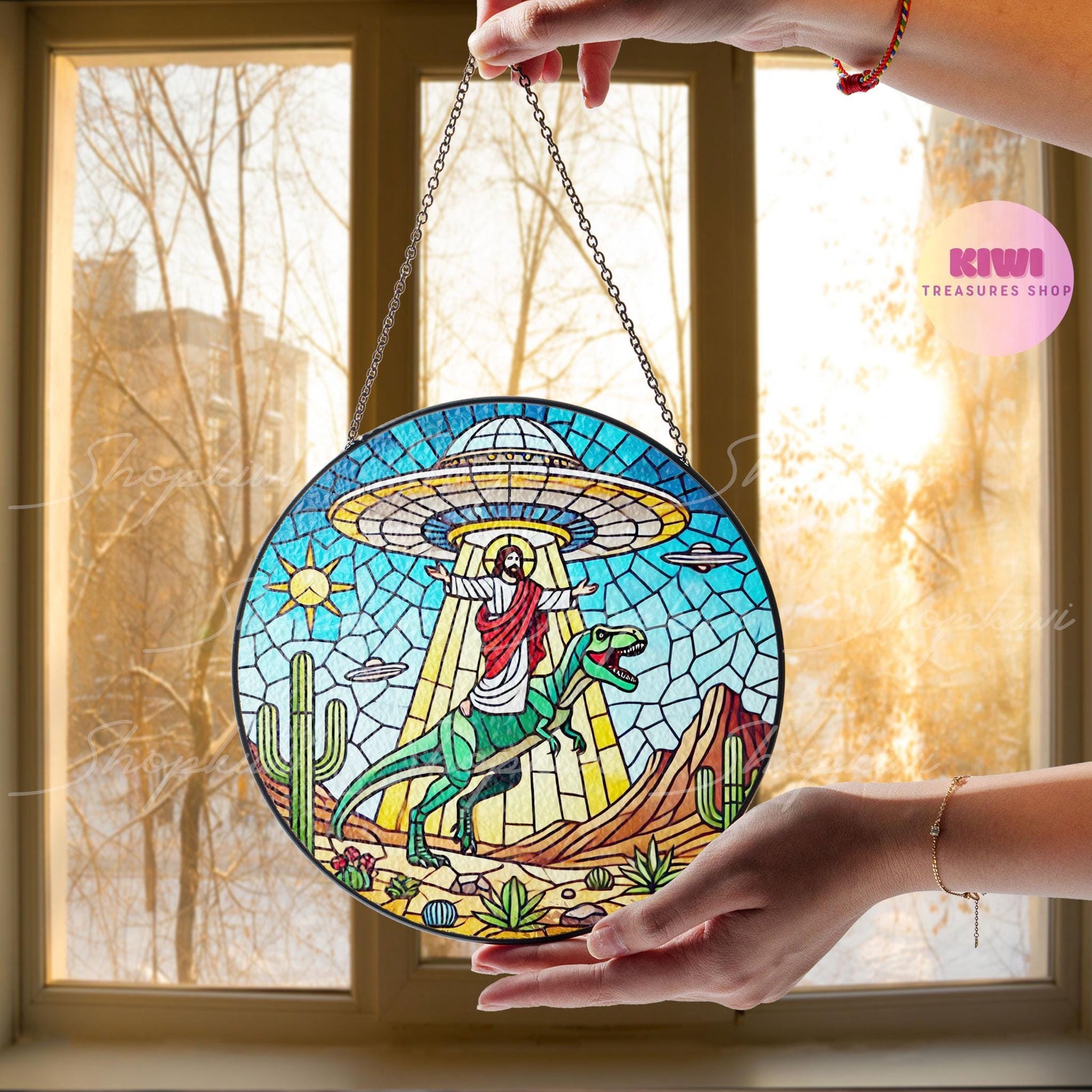 Funny UFO Abduction Jesus Riding Dinosaur GLASS Window Hanging, UFO T Rex gift, Believe Religious sign hanging, Funny Sign Decork, Novelty